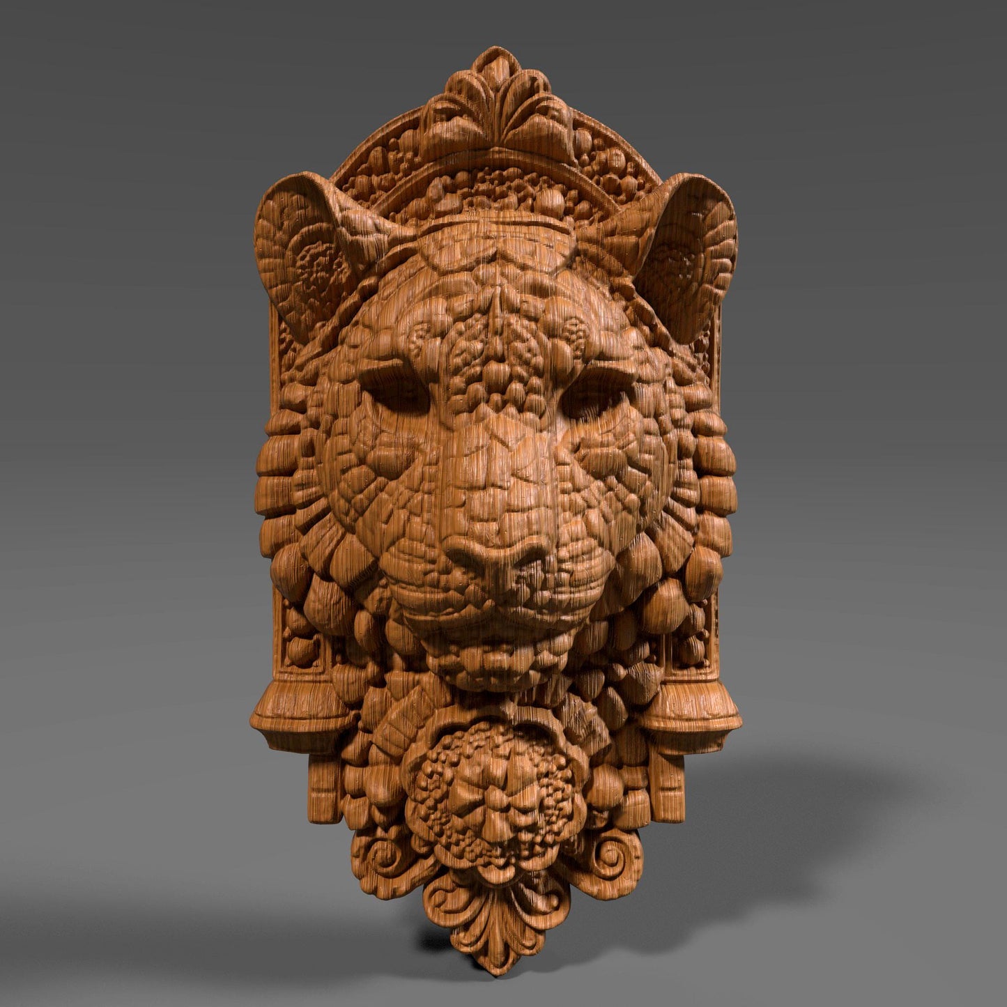 3D bas relief wood and stone carving of a highly detailed tiger head with ornate decorations, symmetrical tribal-style textures, and intricate patterns around the face. The carving features floral and geometric embellishments, all rendered in a vertical plaque format, ideal for CNC machining, laser engraving, or 3D printing.
