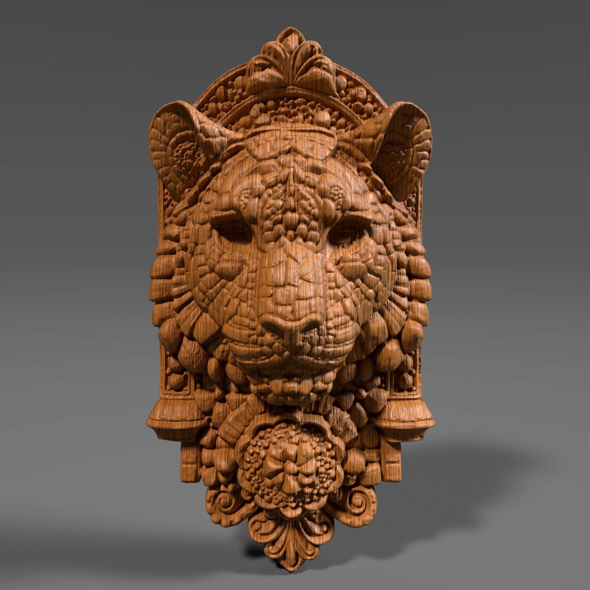 3D bas relief wood and stone carving of a highly detailed tiger head with ornate decorations, symmetrical tribal-style textures, and intricate patterns around the face. The carving features floral and geometric embellishments, all rendered in a vertical plaque format, ideal for CNC machining, laser engraving, or 3D printing.