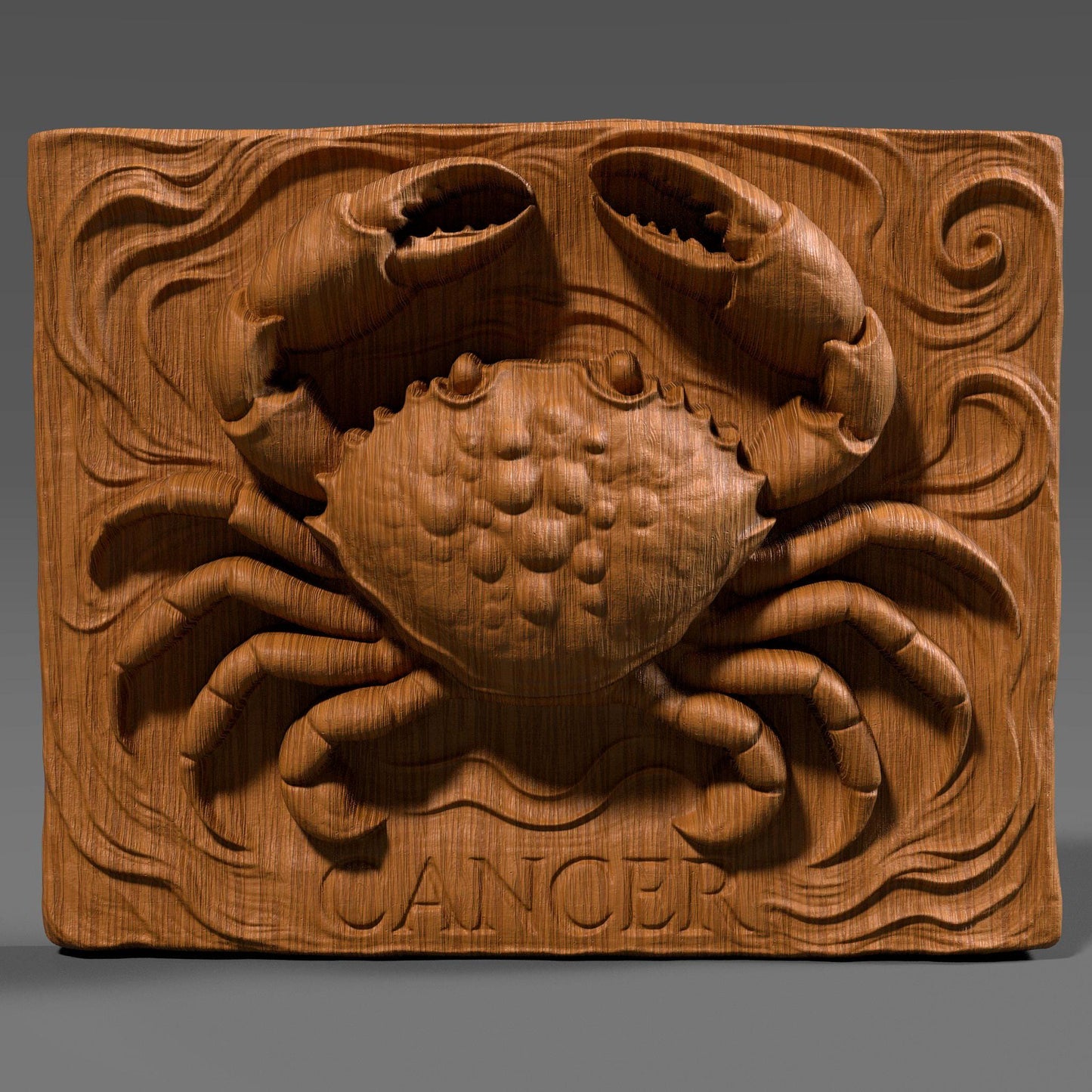 Detailed 3D STL carving of a crab symbolizing the Cancer zodiac sign, with swirling wave patterns and bold claws. Ideal for CNC, 3D printing, or laser engraving. Perfect for horoscope-themed wall art, birthday gifts, or spiritual decor. Works on wood, resin, or stone surfaces.