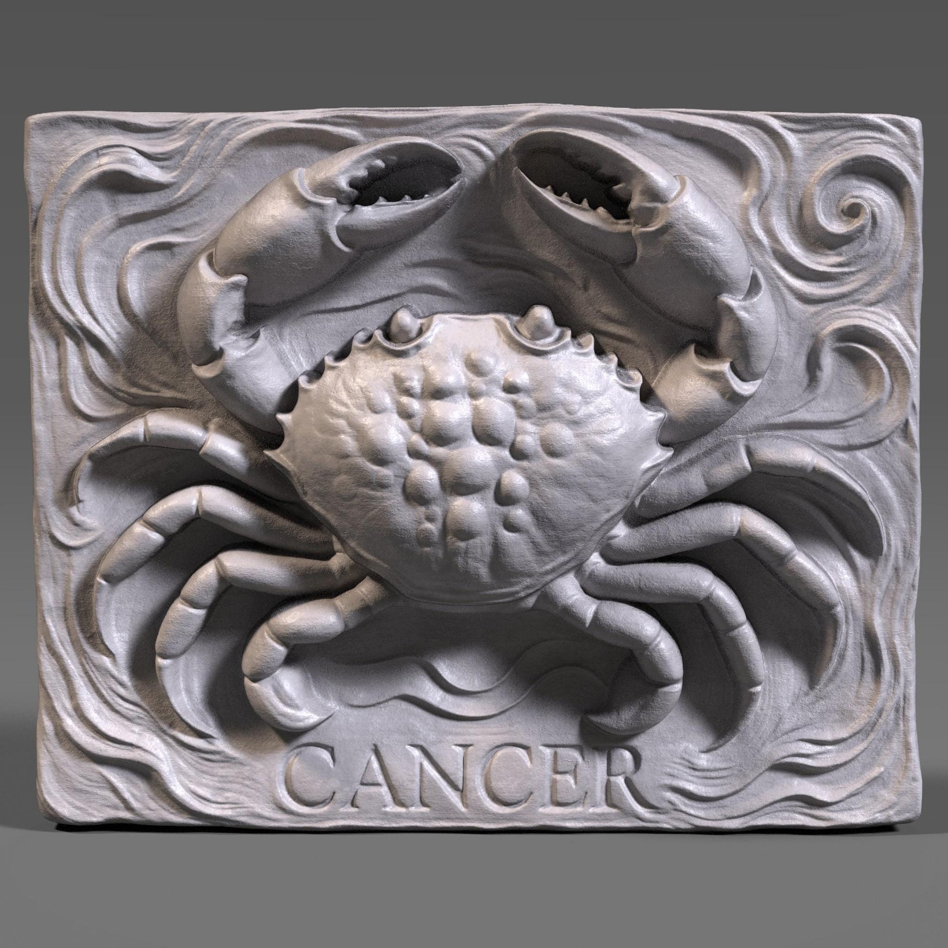 Detailed 3D STL carving of a crab symbolizing the Cancer zodiac sign, with swirling wave patterns and bold claws. Ideal for CNC, 3D printing, or laser engraving. Perfect for horoscope-themed wall art, birthday gifts, or spiritual decor. Works on wood, resin, or stone surfaces.