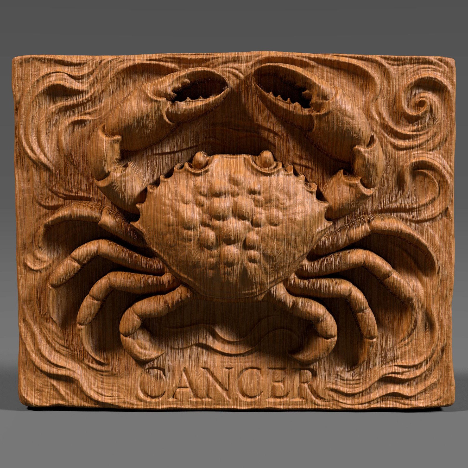 Detailed 3D STL carving of a crab symbolizing the Cancer zodiac sign, with swirling wave patterns and bold claws. Ideal for CNC, 3D printing, or laser engraving. Perfect for horoscope-themed wall art, birthday gifts, or spiritual decor. Works on wood, resin, or stone surfaces.