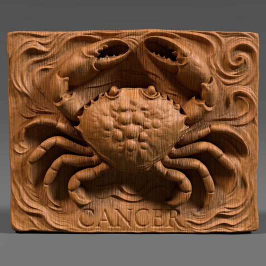 Detailed 3D STL carving of a crab symbolizing the Cancer zodiac sign, with swirling wave patterns and bold claws. Ideal for CNC, 3D printing, or laser engraving. Perfect for horoscope-themed wall art, birthday gifts, or spiritual decor. Works on wood, resin, or stone surfaces.