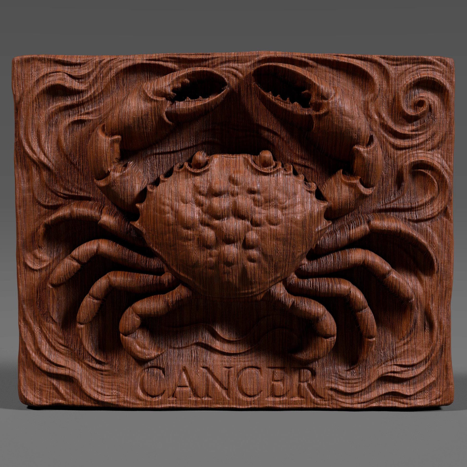 Detailed 3D STL carving of a crab symbolizing the Cancer zodiac sign, with swirling wave patterns and bold claws. Ideal for CNC, 3D printing, or laser engraving. Perfect for horoscope-themed wall art, birthday gifts, or spiritual decor. Works on wood, resin, or stone surfaces.