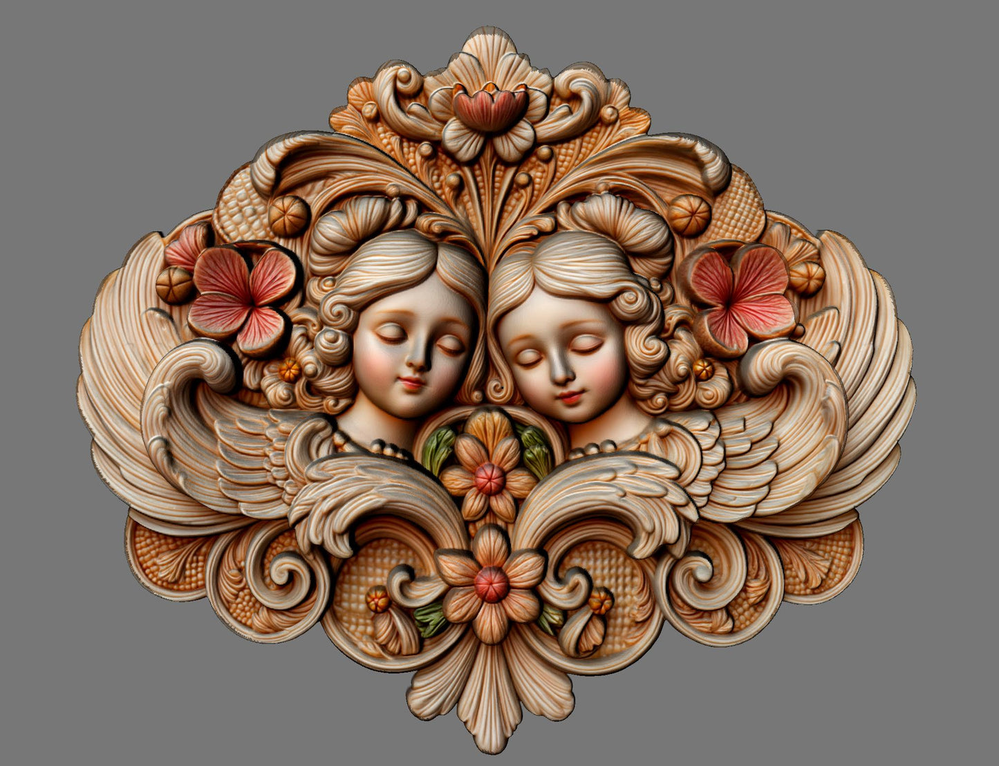 3D STL bas relief of the Gemini zodiac sign featuring twin angelic faces with floral and ornamental detailing. Ideal for CNC carving, 3D printing, and laser engraving. A spiritual and decorative piece for horoscope art, Gemini-themed gifts, or celestial home decor. Designed for wood, resin, or acrylic materials.