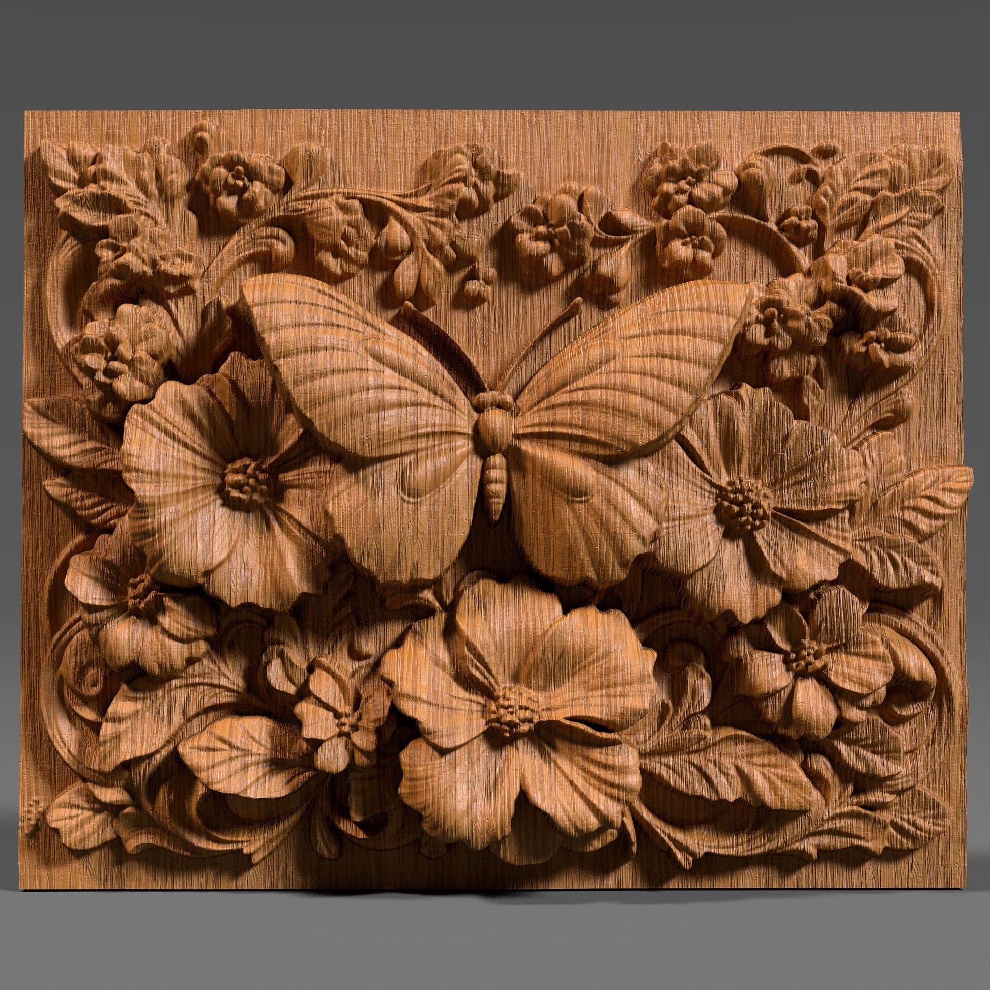 A highly detailed 3D bas-relief of a butterfly surrounded by blooming flowers and elegant leaves. The composition is designed in a natural, ornate style with intricate textures, making it ideal for wood carving, CNC machining, or laser engraving. The artwork emphasizes symmetry, nature, and craftsmanship, suitable as wall decor or digital carving art.