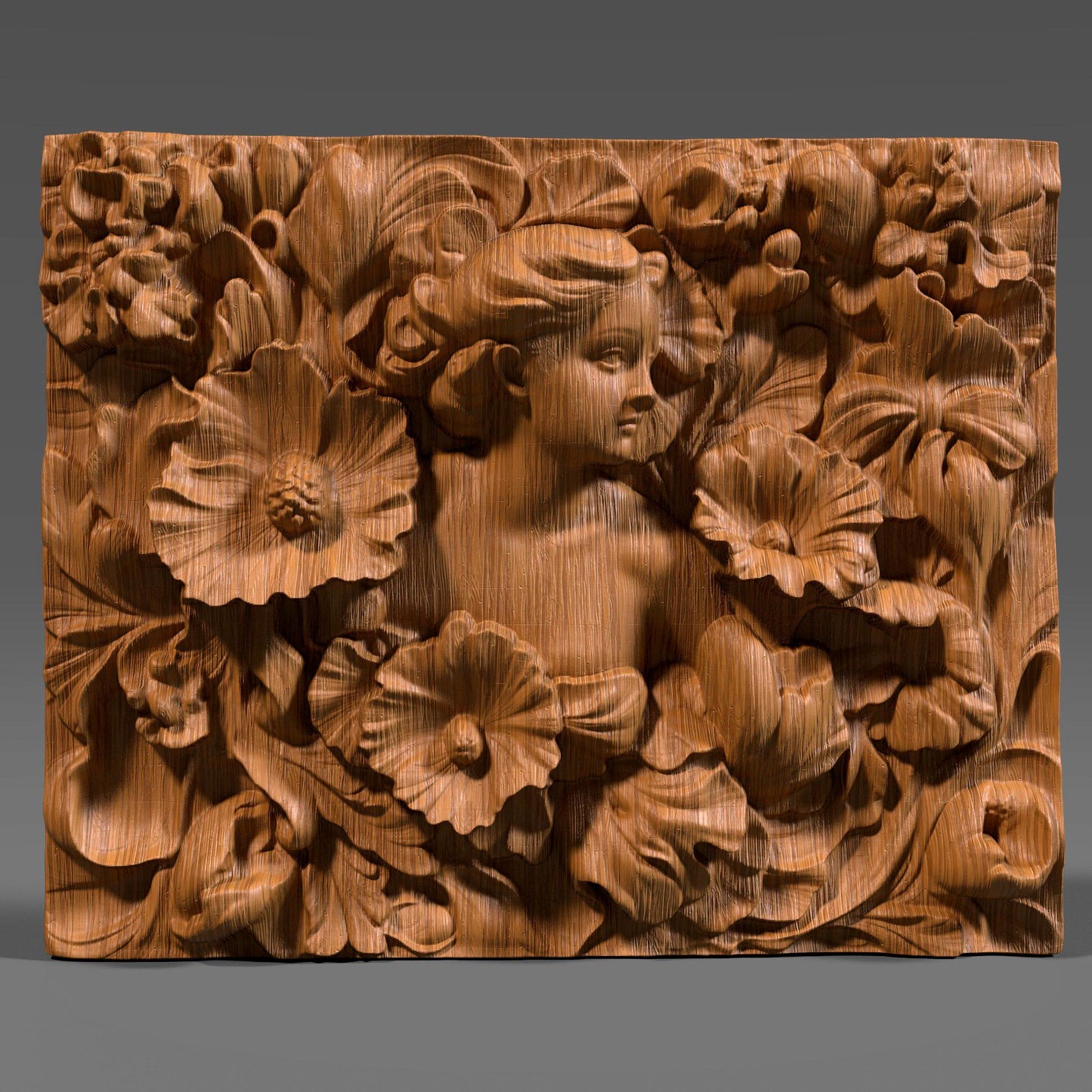 A detailed 3D bas-relief sculpture featuring a serene woman surrounded by large, blooming flowers and swirling leaves. Her soft expression and flowing hair blend into the ornate floral arrangement, capturing an Art Nouveau aesthetic. The wood texture adds a natural warmth and elegance to the piece. Perfect for CNC carving, laser engraving, or 3D printing, this design is ideal for wall panels, art decor, or personalized gifts.