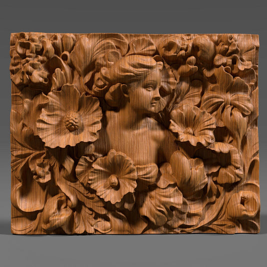 A detailed 3D bas-relief sculpture featuring a serene woman surrounded by large, blooming flowers and swirling leaves. Her soft expression and flowing hair blend into the ornate floral arrangement, capturing an Art Nouveau aesthetic. The wood texture adds a natural warmth and elegance to the piece. Perfect for CNC carving, laser engraving, or 3D printing, this design is ideal for wall panels, art decor, or personalized gifts.