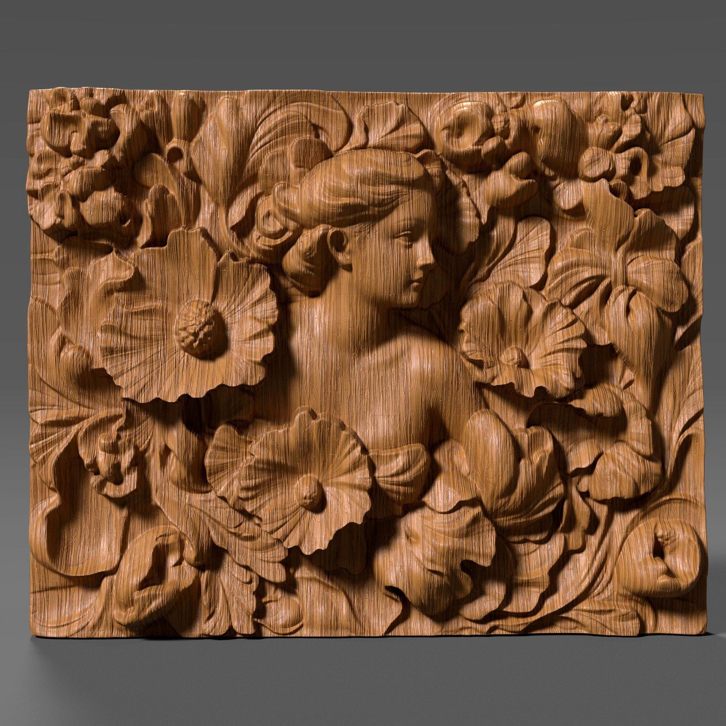 A detailed 3D bas-relief sculpture featuring a serene woman surrounded by large, blooming flowers and swirling leaves. Her soft expression and flowing hair blend into the ornate floral arrangement, capturing an Art Nouveau aesthetic. The wood texture adds a natural warmth and elegance to the piece. Perfect for CNC carving, laser engraving, or 3D printing, this design is ideal for wall panels, art decor, or personalized gifts.