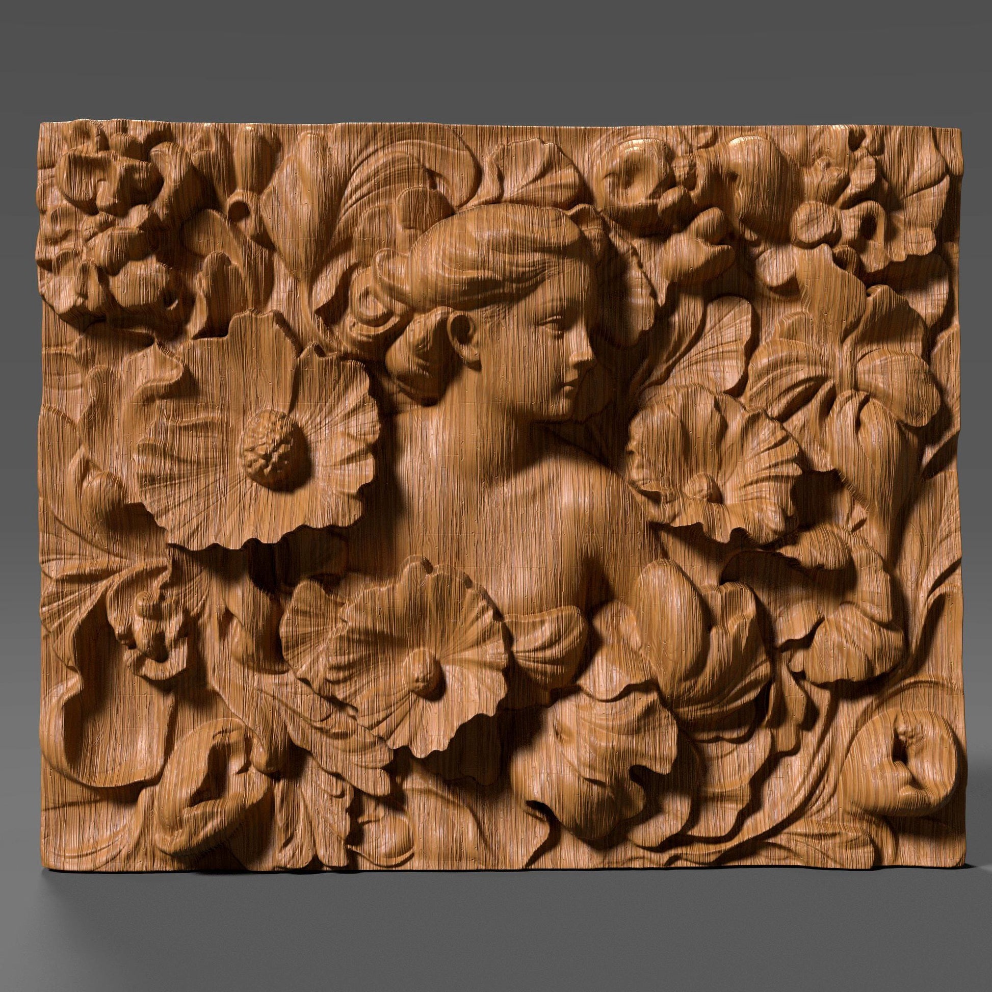 A detailed 3D bas-relief sculpture featuring a serene woman surrounded by large, blooming flowers and swirling leaves. Her soft expression and flowing hair blend into the ornate floral arrangement, capturing an Art Nouveau aesthetic. The wood texture adds a natural warmth and elegance to the piece. Perfect for CNC carving, laser engraving, or 3D printing, this design is ideal for wall panels, art decor, or personalized gifts.