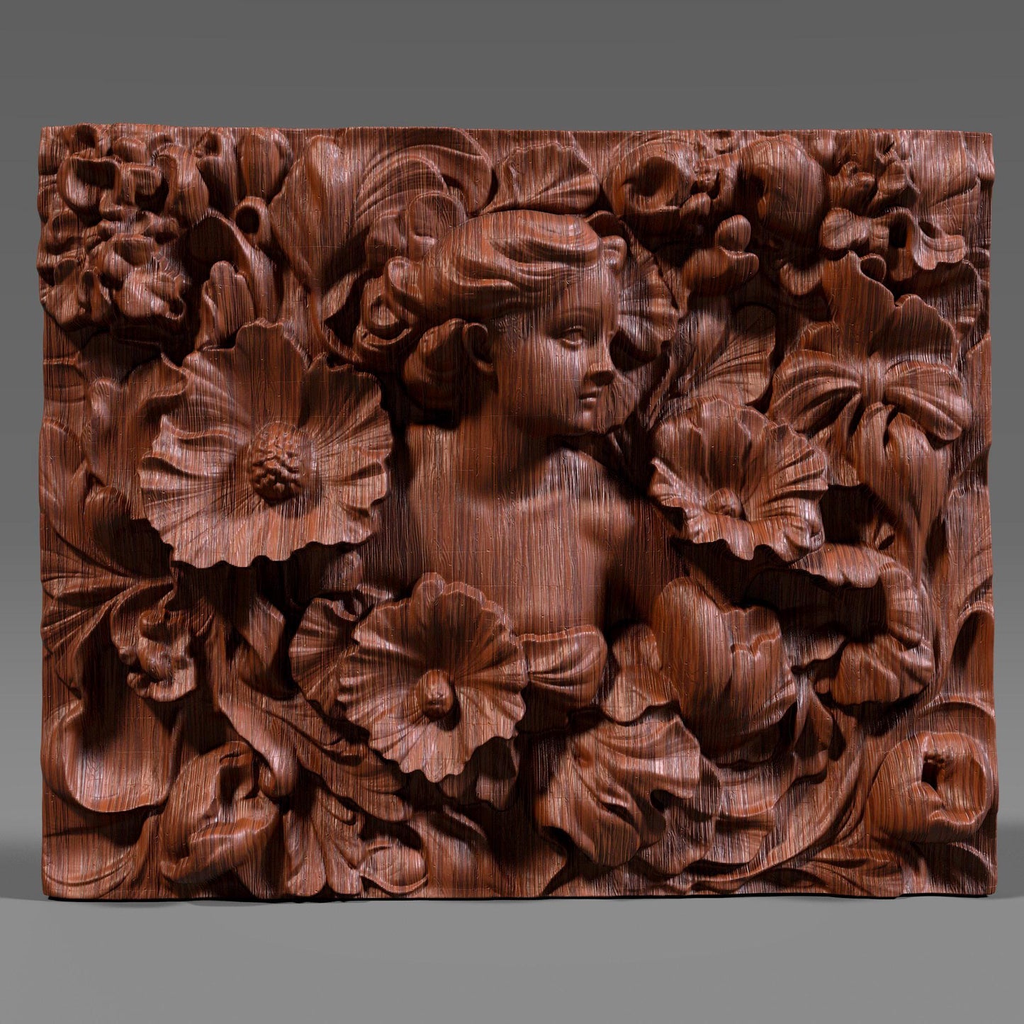 A detailed 3D bas-relief sculpture featuring a serene woman surrounded by large, blooming flowers and swirling leaves. Her soft expression and flowing hair blend into the ornate floral arrangement, capturing an Art Nouveau aesthetic. The wood texture adds a natural warmth and elegance to the piece. Perfect for CNC carving, laser engraving, or 3D printing, this design is ideal for wall panels, art decor, or personalized gifts.