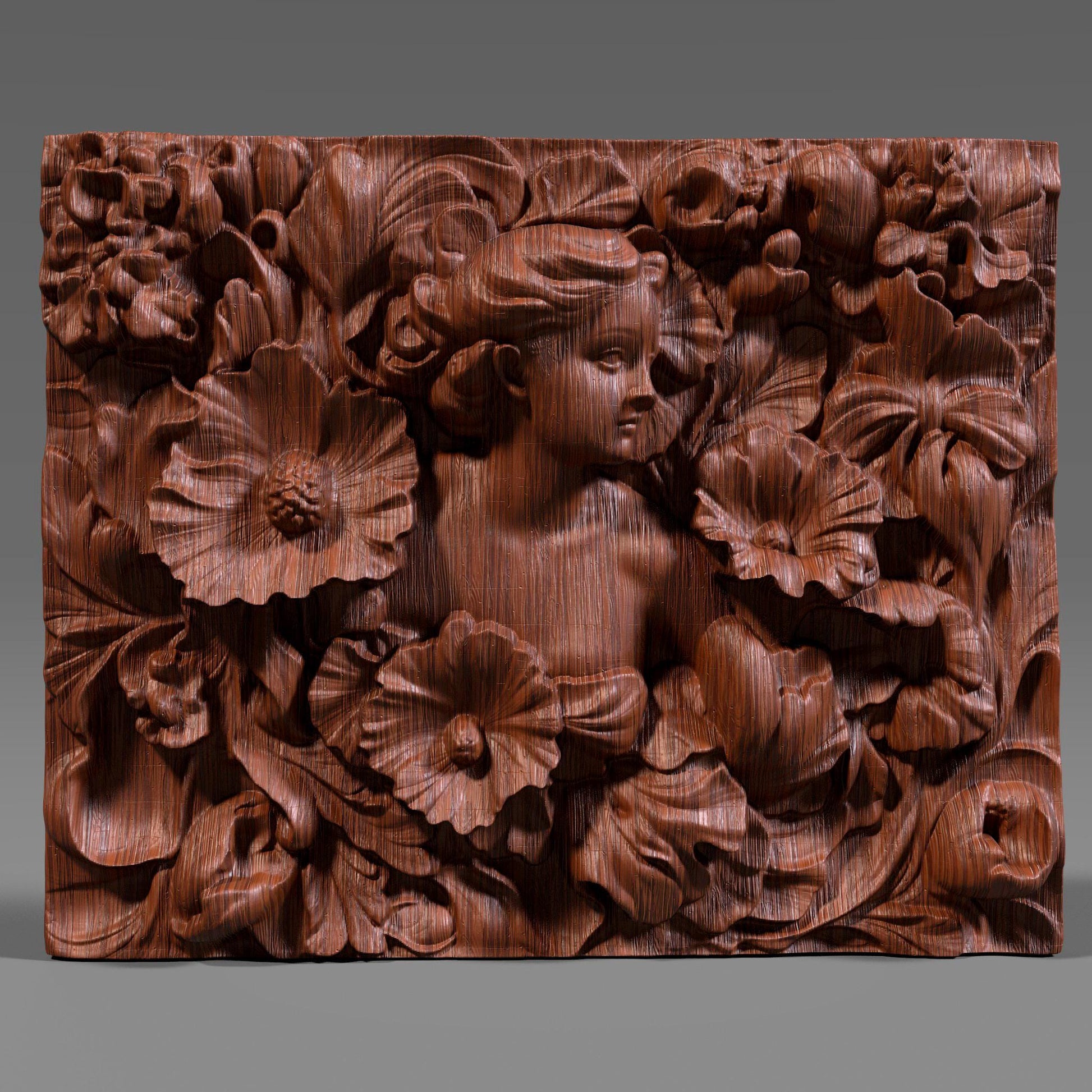 A detailed 3D bas-relief sculpture featuring a serene woman surrounded by large, blooming flowers and swirling leaves. Her soft expression and flowing hair blend into the ornate floral arrangement, capturing an Art Nouveau aesthetic. The wood texture adds a natural warmth and elegance to the piece. Perfect for CNC carving, laser engraving, or 3D printing, this design is ideal for wall panels, art decor, or personalized gifts.