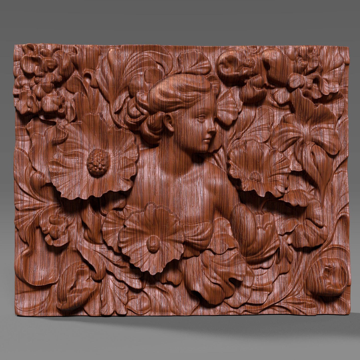 A detailed 3D bas-relief sculpture featuring a serene woman surrounded by large, blooming flowers and swirling leaves. Her soft expression and flowing hair blend into the ornate floral arrangement, capturing an Art Nouveau aesthetic. The wood texture adds a natural warmth and elegance to the piece. Perfect for CNC carving, laser engraving, or 3D printing, this design is ideal for wall panels, art decor, or personalized gifts.