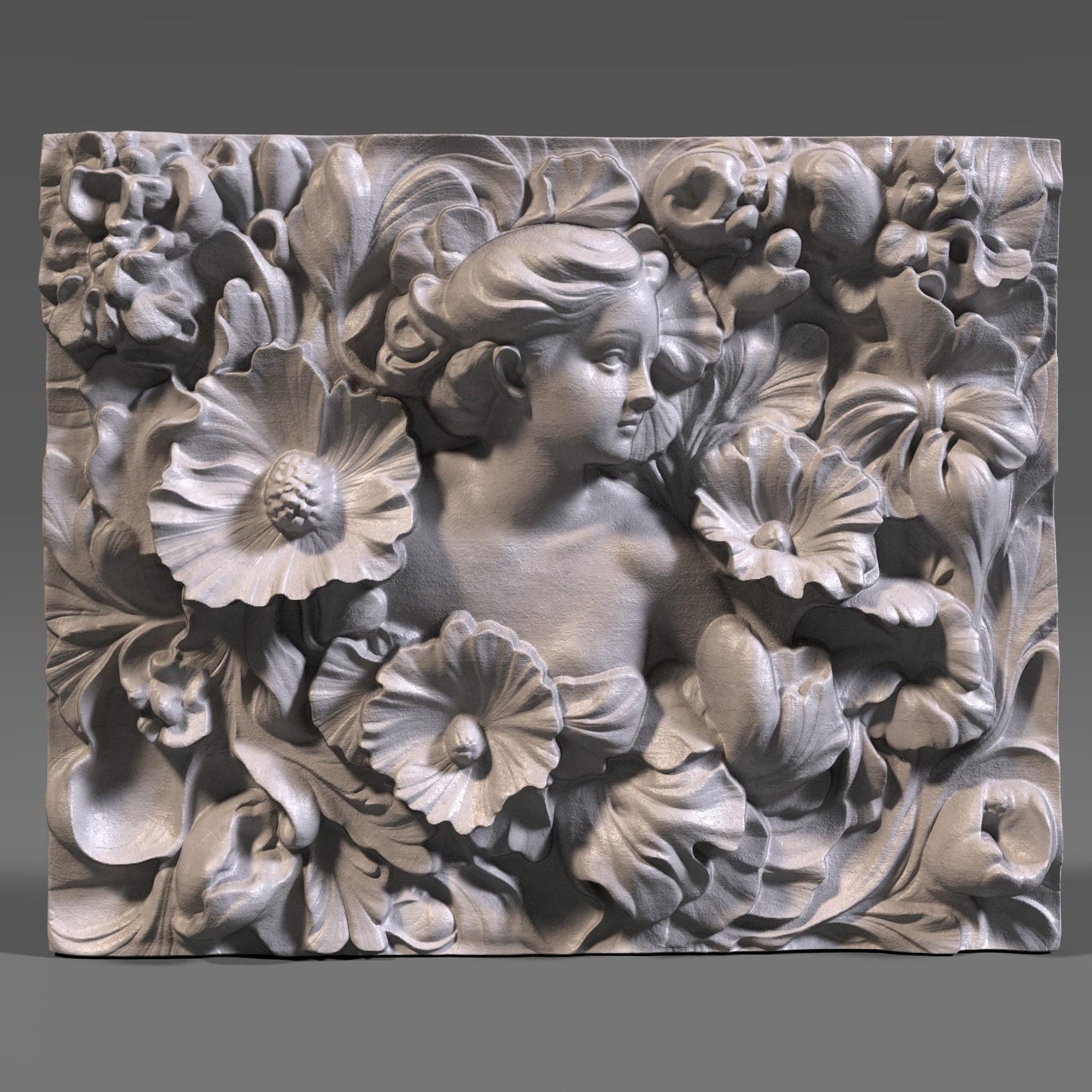 A detailed 3D bas-relief sculpture featuring a serene woman surrounded by large, blooming flowers and swirling leaves. Her soft expression and flowing hair blend into the ornate floral arrangement, capturing an Art Nouveau aesthetic. The wood texture adds a natural warmth and elegance to the piece. Perfect for CNC carving, laser engraving, or 3D printing, this design is ideal for wall panels, art decor, or personalized gifts.