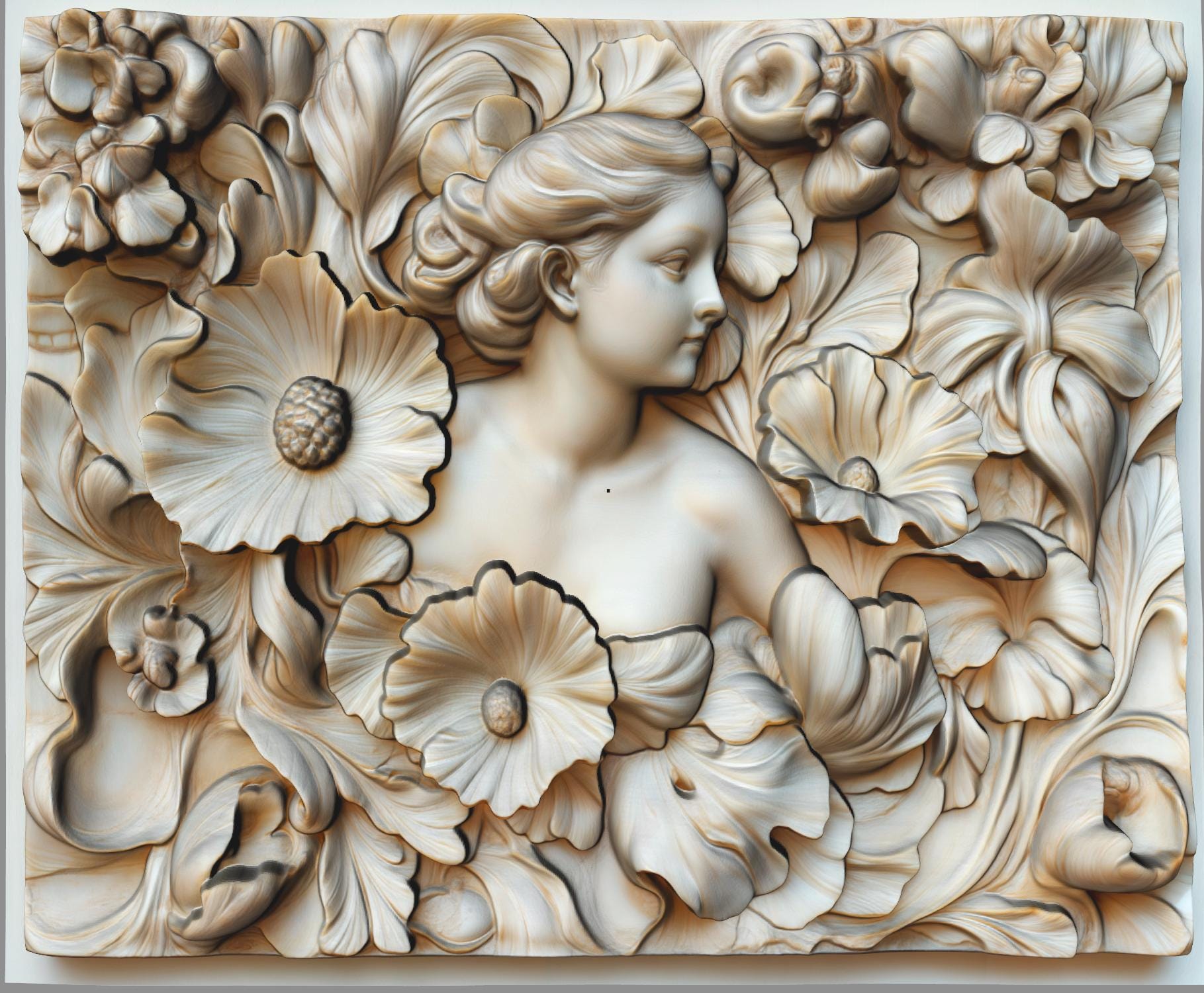 A detailed 3D bas-relief sculpture featuring a serene woman surrounded by large, blooming flowers and swirling leaves. Her soft expression and flowing hair blend into the ornate floral arrangement, capturing an Art Nouveau aesthetic. The wood texture adds a natural warmth and elegance to the piece. Perfect for CNC carving, laser engraving, or 3D printing, this design is ideal for wall panels, art decor, or personalized gifts.