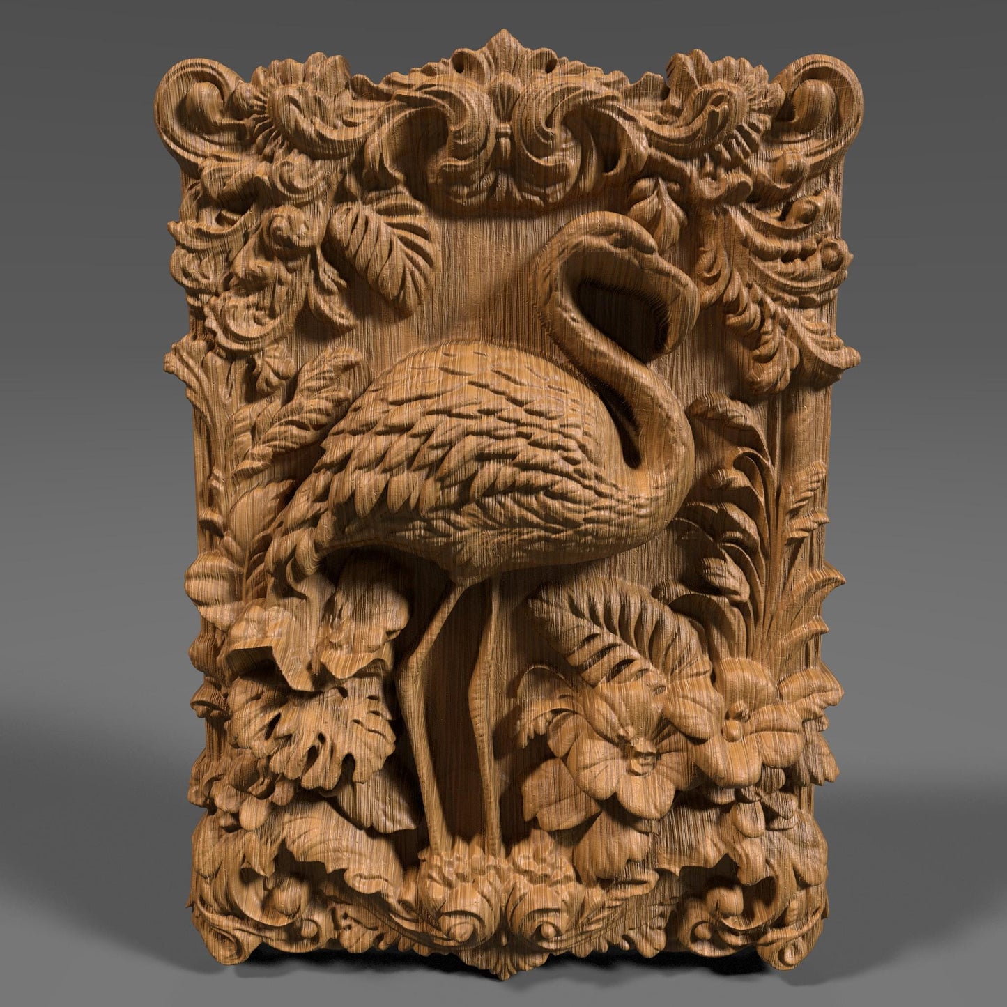Highly detailed 3D STL relief carving of a flamingo standing elegantly amidst lush tropical foliage and flowers, framed within an ornate, baroque-inspired rectangular border. The design features intricate feather textures, layered botanical elements, and decorative scrollwork, making it ideal for CNC wood carving, laser engraving, or resin casting. Perfect as summer-themed wall art or a digital download for artistic decor and wildlife lovers.