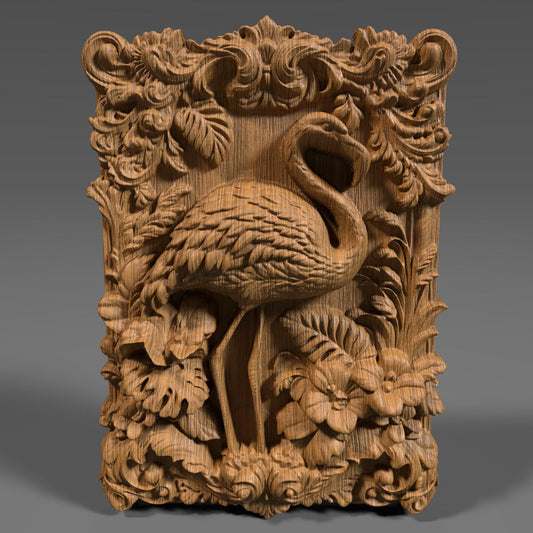 Highly detailed 3D STL relief carving of a flamingo standing elegantly amidst lush tropical foliage and flowers, framed within an ornate, baroque-inspired rectangular border. The design features intricate feather textures, layered botanical elements, and decorative scrollwork, making it ideal for CNC wood carving, laser engraving, or resin casting. Perfect as summer-themed wall art or a digital download for artistic decor and wildlife lovers.