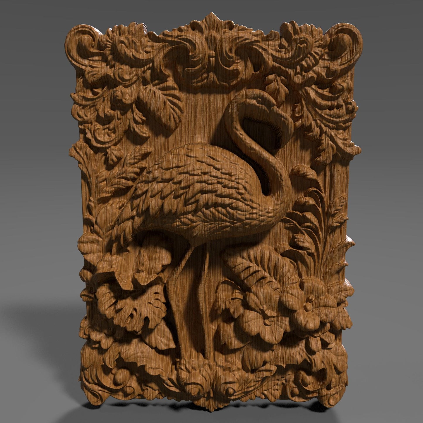 Highly detailed 3D STL relief carving of a flamingo standing elegantly amidst lush tropical foliage and flowers, framed within an ornate, baroque-inspired rectangular border. The design features intricate feather textures, layered botanical elements, and decorative scrollwork, making it ideal for CNC wood carving, laser engraving, or resin casting. Perfect as summer-themed wall art or a digital download for artistic decor and wildlife lovers.
