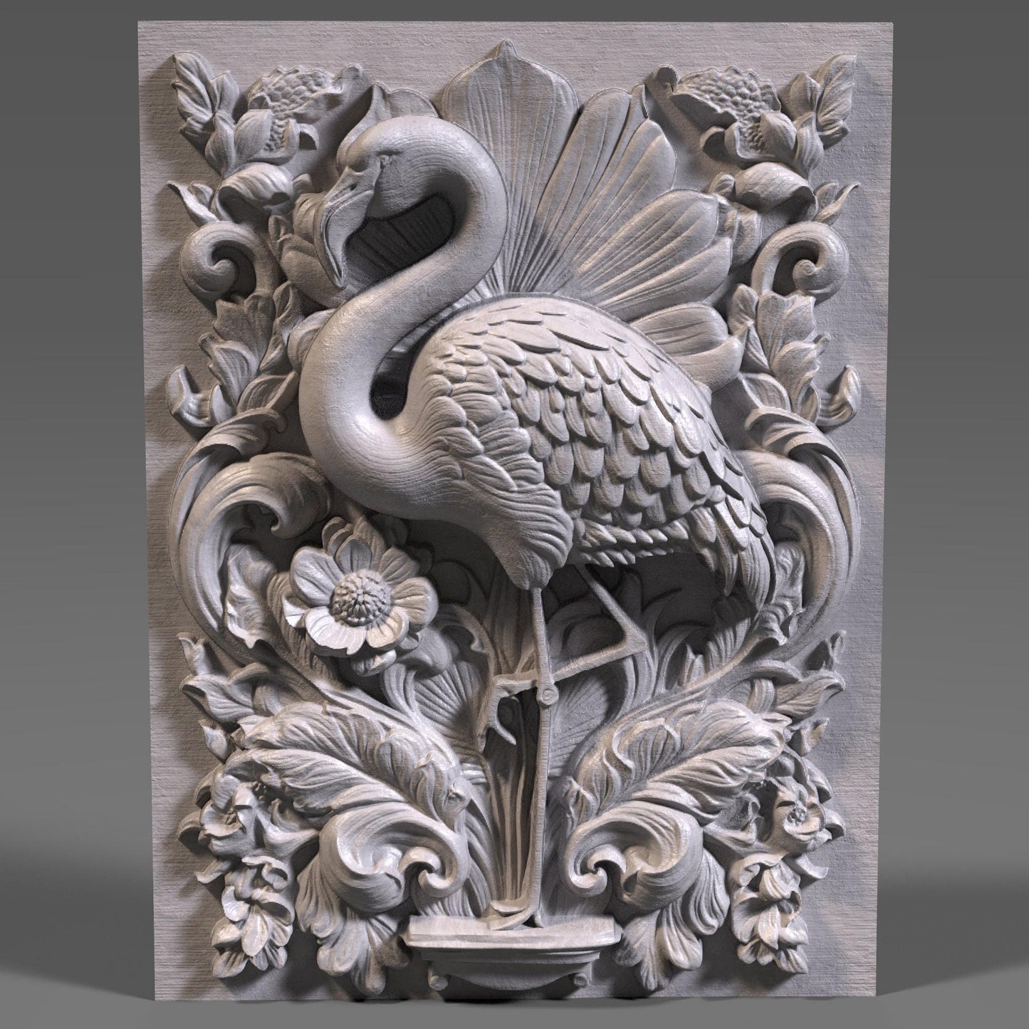 Highly detailed 3D STL relief carving of a flamingo standing elegantly amidst lush tropical foliage and flowers, framed within an ornate, baroque-inspired rectangular border. The design features intricate feather textures, layered botanical elements, and decorative scrollwork, making it ideal for CNC wood carving, laser engraving, or resin casting. Perfect as summer-themed wall art or a digital download for artistic decor and wildlife lovers.