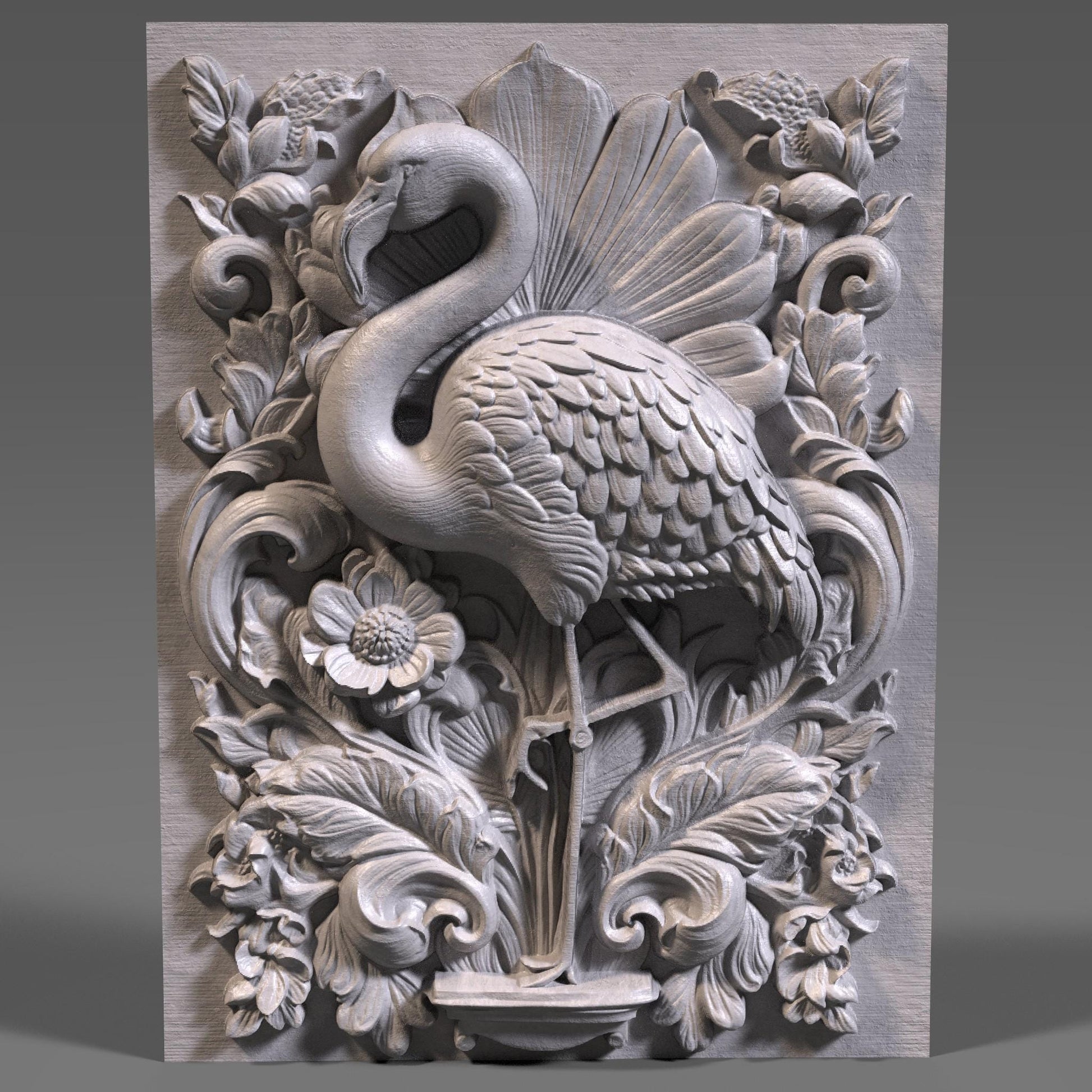 Highly detailed 3D STL relief carving of a flamingo standing elegantly amidst lush tropical foliage and flowers, framed within an ornate, baroque-inspired rectangular border. The design features intricate feather textures, layered botanical elements, and decorative scrollwork, making it ideal for CNC wood carving, laser engraving, or resin casting. Perfect as summer-themed wall art or a digital download for artistic decor and wildlife lovers.