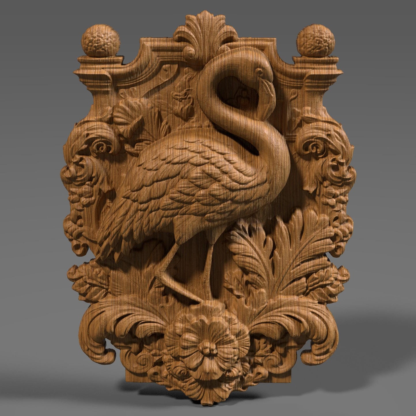 Highly detailed 3D STL relief carving of a flamingo standing elegantly amidst lush tropical foliage and flowers, framed within an ornate, baroque-inspired rectangular border. The design features intricate feather textures, layered botanical elements, and decorative scrollwork, making it ideal for CNC wood carving, laser engraving, or resin casting. Perfect as summer-themed wall art or a digital download for artistic decor and wildlife lovers.