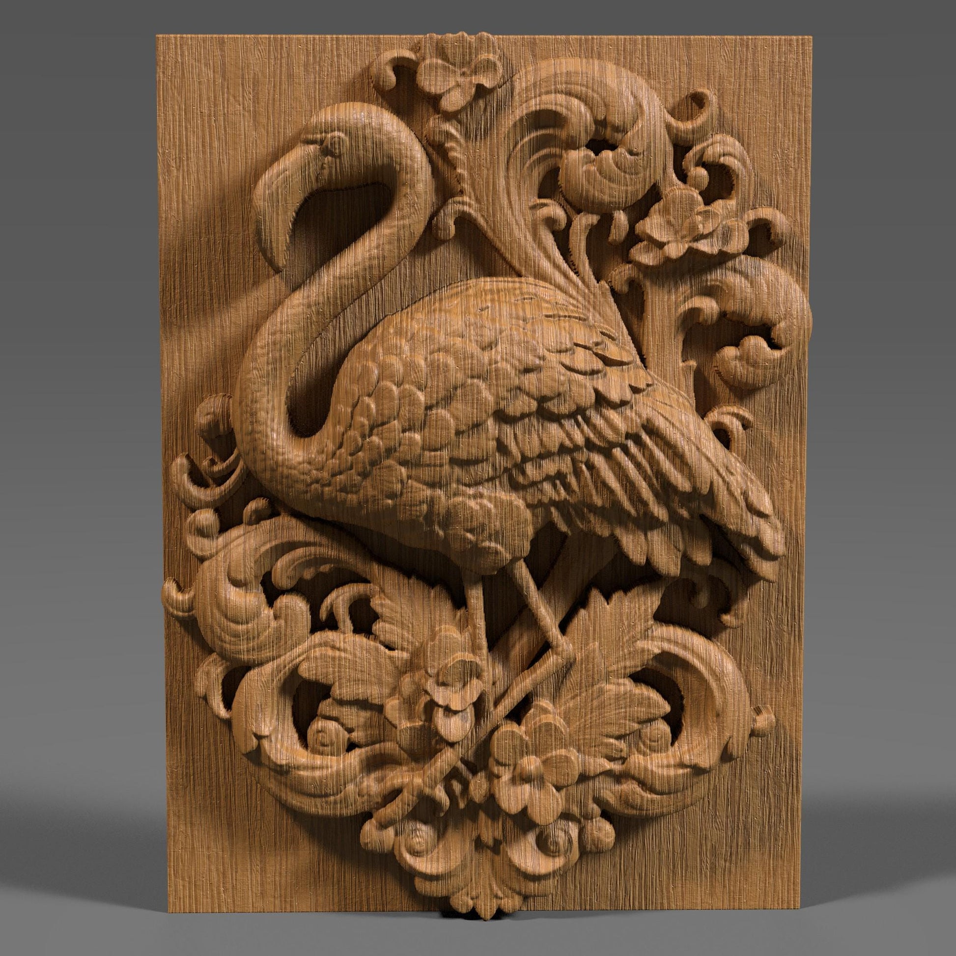 Highly detailed 3D STL relief carving of a flamingo standing elegantly amidst lush tropical foliage and flowers, framed within an ornate, baroque-inspired rectangular border. The design features intricate feather textures, layered botanical elements, and decorative scrollwork, making it ideal for CNC wood carving, laser engraving, or resin casting. Perfect as summer-themed wall art or a digital download for artistic decor and wildlife lovers.