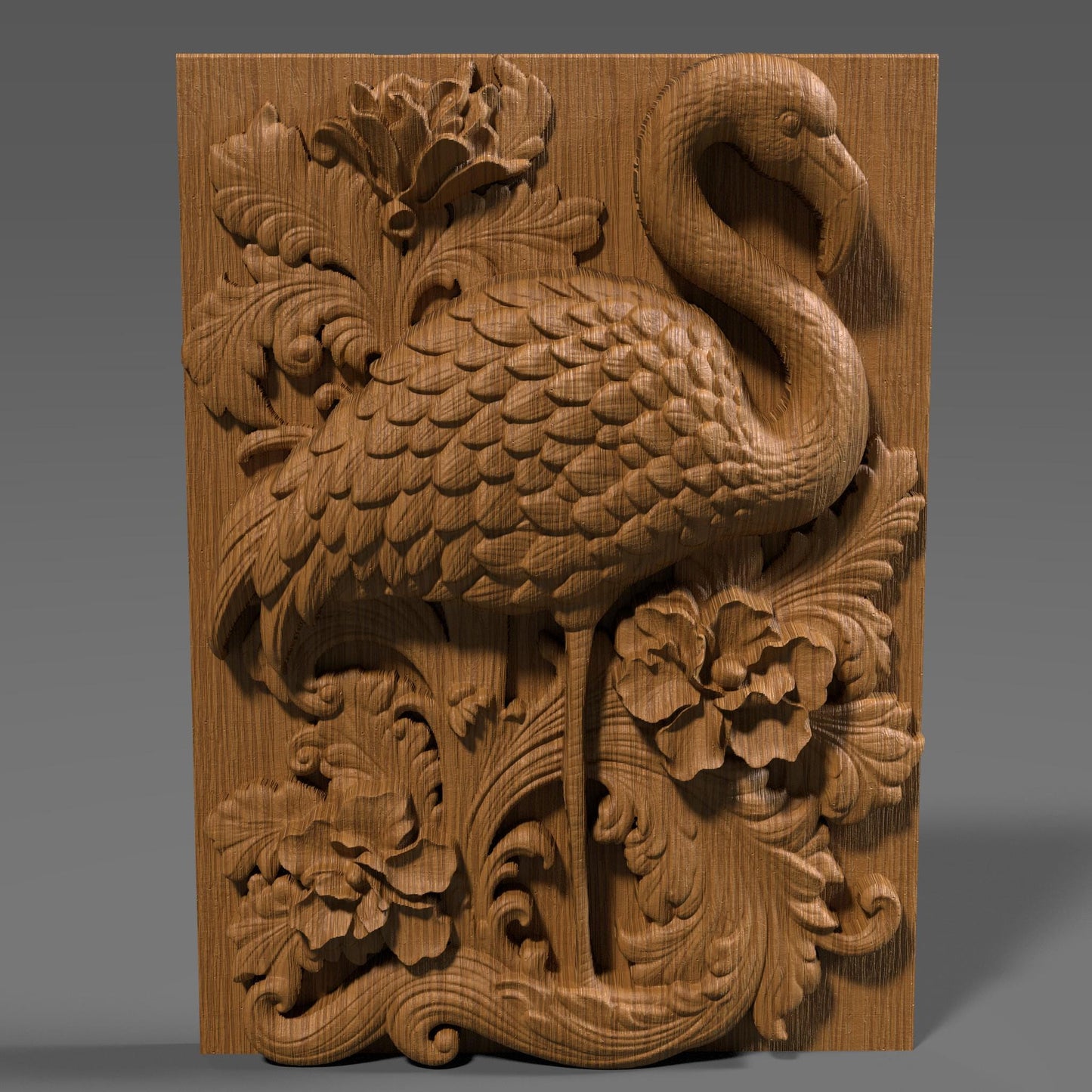 Highly detailed 3D STL relief carving of a flamingo standing elegantly amidst lush tropical foliage and flowers, framed within an ornate, baroque-inspired rectangular border. The design features intricate feather textures, layered botanical elements, and decorative scrollwork, making it ideal for CNC wood carving, laser engraving, or resin casting. Perfect as summer-themed wall art or a digital download for artistic decor and wildlife lovers.