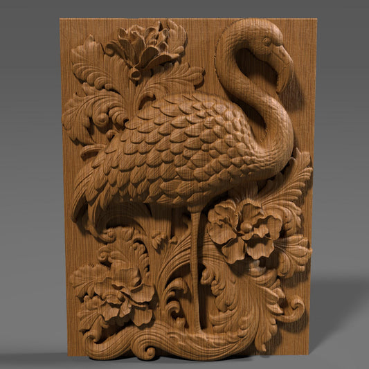 Highly detailed 3D STL relief carving of a flamingo standing elegantly amidst lush tropical foliage and flowers, framed within an ornate, baroque-inspired rectangular border. The design features intricate feather textures, layered botanical elements, and decorative scrollwork, making it ideal for CNC wood carving, laser engraving, or resin casting. Perfect as summer-themed wall art or a digital download for artistic decor and wildlife lovers.