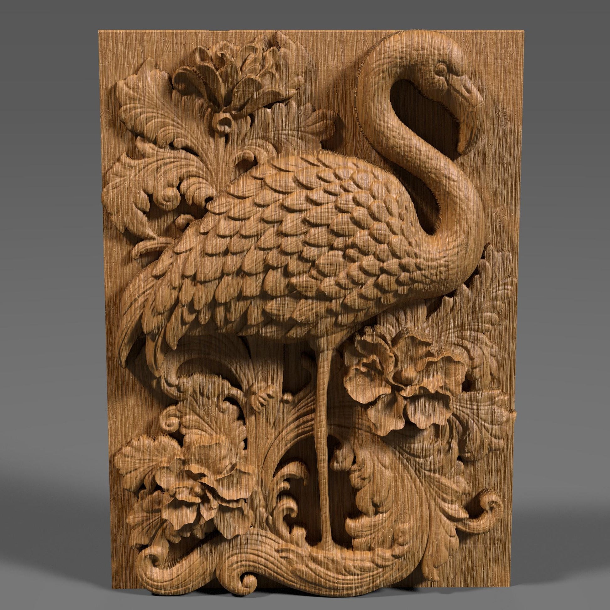 Highly detailed 3D STL relief carving of a flamingo standing elegantly amidst lush tropical foliage and flowers, framed within an ornate, baroque-inspired rectangular border. The design features intricate feather textures, layered botanical elements, and decorative scrollwork, making it ideal for CNC wood carving, laser engraving, or resin casting. Perfect as summer-themed wall art or a digital download for artistic decor and wildlife lovers.