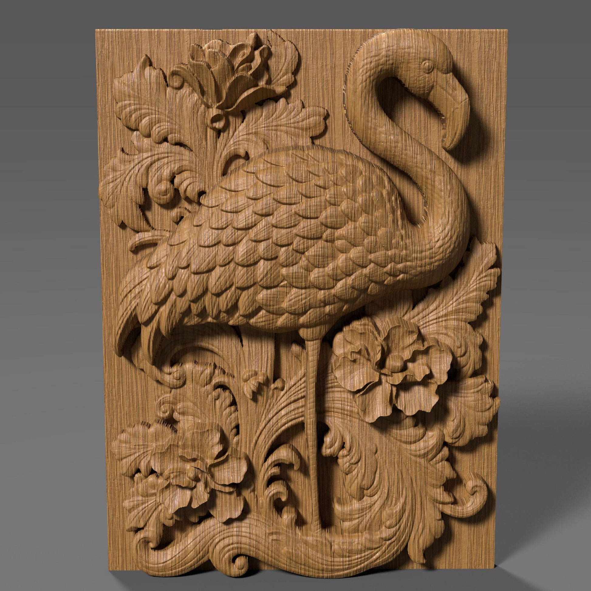 Highly detailed 3D STL relief carving of a flamingo standing elegantly amidst lush tropical foliage and flowers, framed within an ornate, baroque-inspired rectangular border. The design features intricate feather textures, layered botanical elements, and decorative scrollwork, making it ideal for CNC wood carving, laser engraving, or resin casting. Perfect as summer-themed wall art or a digital download for artistic decor and wildlife lovers.