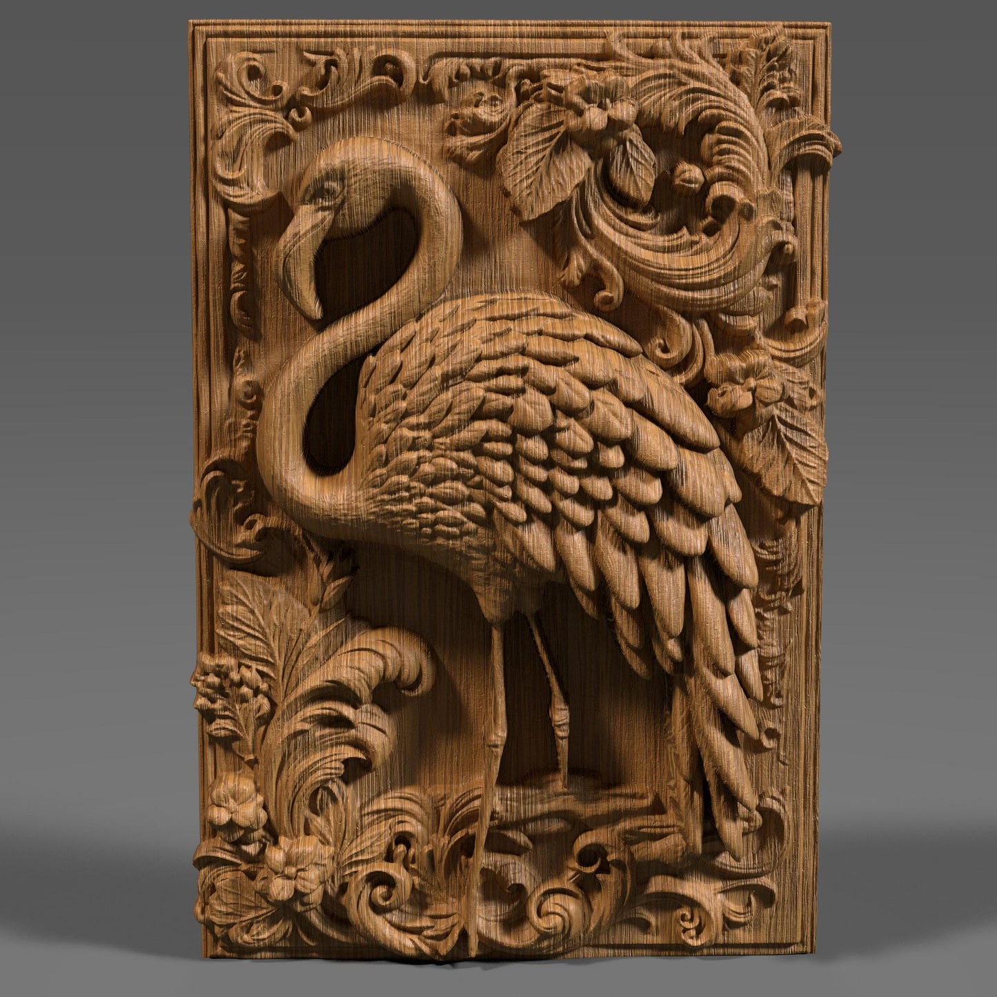 Highly detailed 3D STL relief carving of a flamingo standing elegantly amidst lush tropical foliage and flowers, framed within an ornate, baroque-inspired rectangular border. The design features intricate feather textures, layered botanical elements, and decorative scrollwork, making it ideal for CNC wood carving, laser engraving, or resin casting. Perfect as summer-themed wall art or a digital download for artistic decor and wildlife lovers.