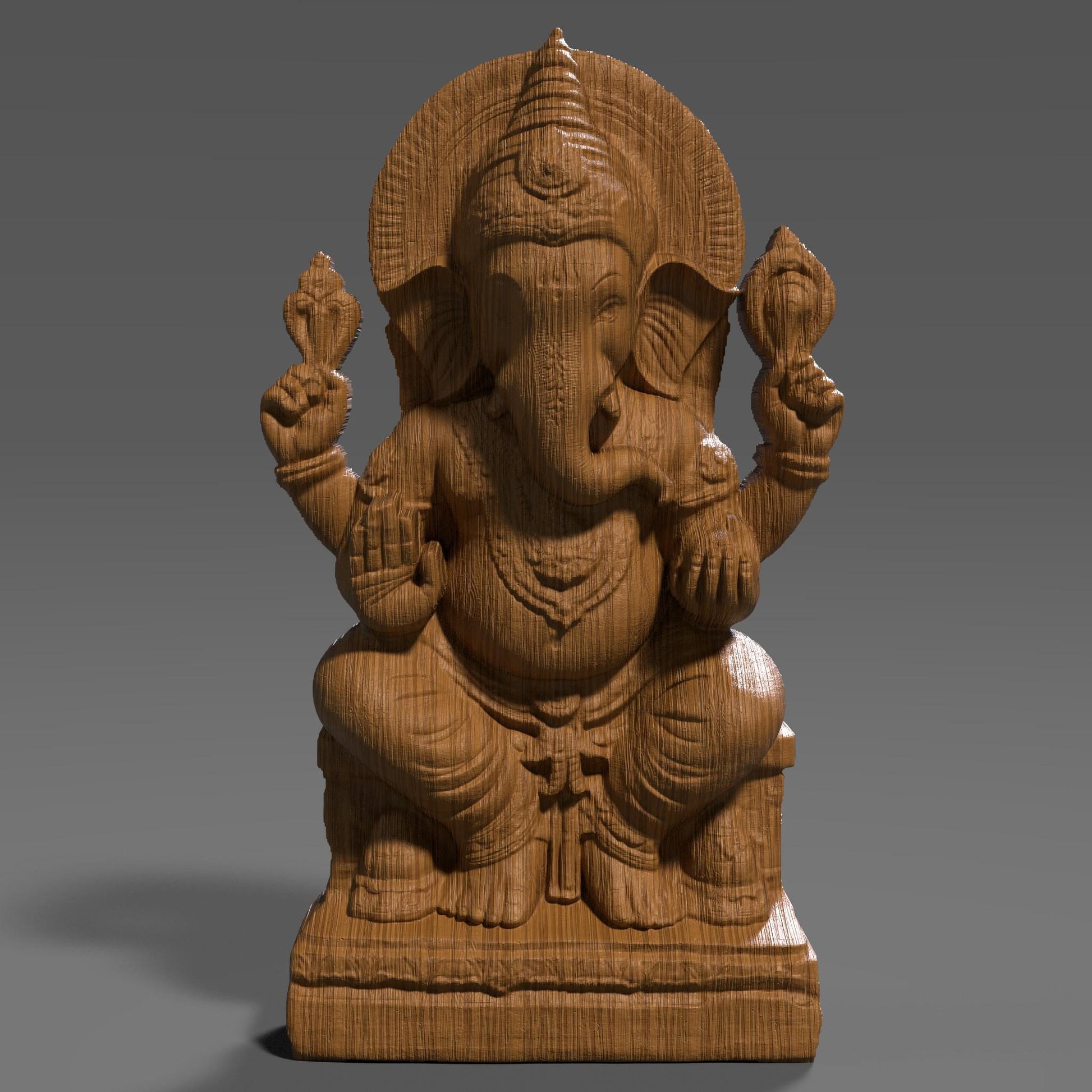 High-resolution 3D STL model of Lord Ganesha depicted in a seated posture, intricately designed for 3D printing, laser engraving, and CNC wood carving. This digital bas relief sculpture showcases fine details including traditional ornaments, headgear, and symbolic hand mudras. Ideal for creating spiritual wall panels, Hindu temple decor, or devotional gifts. Suitable for wood, resin, stone, or acrylic carving. Perfect for artisans, hobbyists, or religious décor creators.