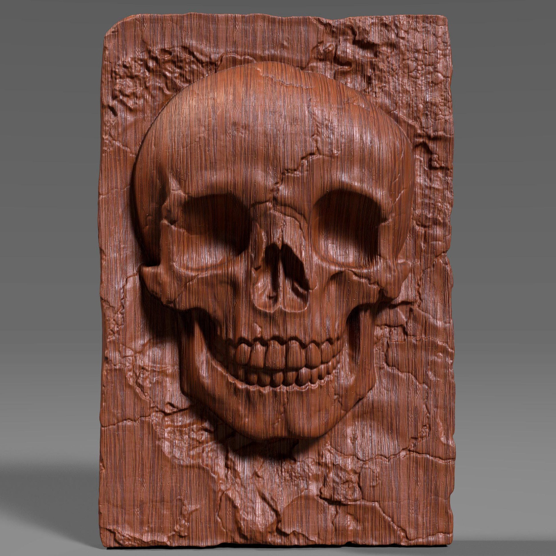 A highly detailed 3D bas-relief carving of a human skull sculpted into a cracked stone or wood-textured slab. Ideal for CNC carving, laser engraving, or 3D printing. The model captures intricate anatomical details, surface cracks, and natural wear, giving it a gothic, macabre aesthetic. Perfect for gothic decor, tattoo studio walls, Halloween props, or dark art collections. Shown in both raw wood and aged ivory textures for realistic previews.