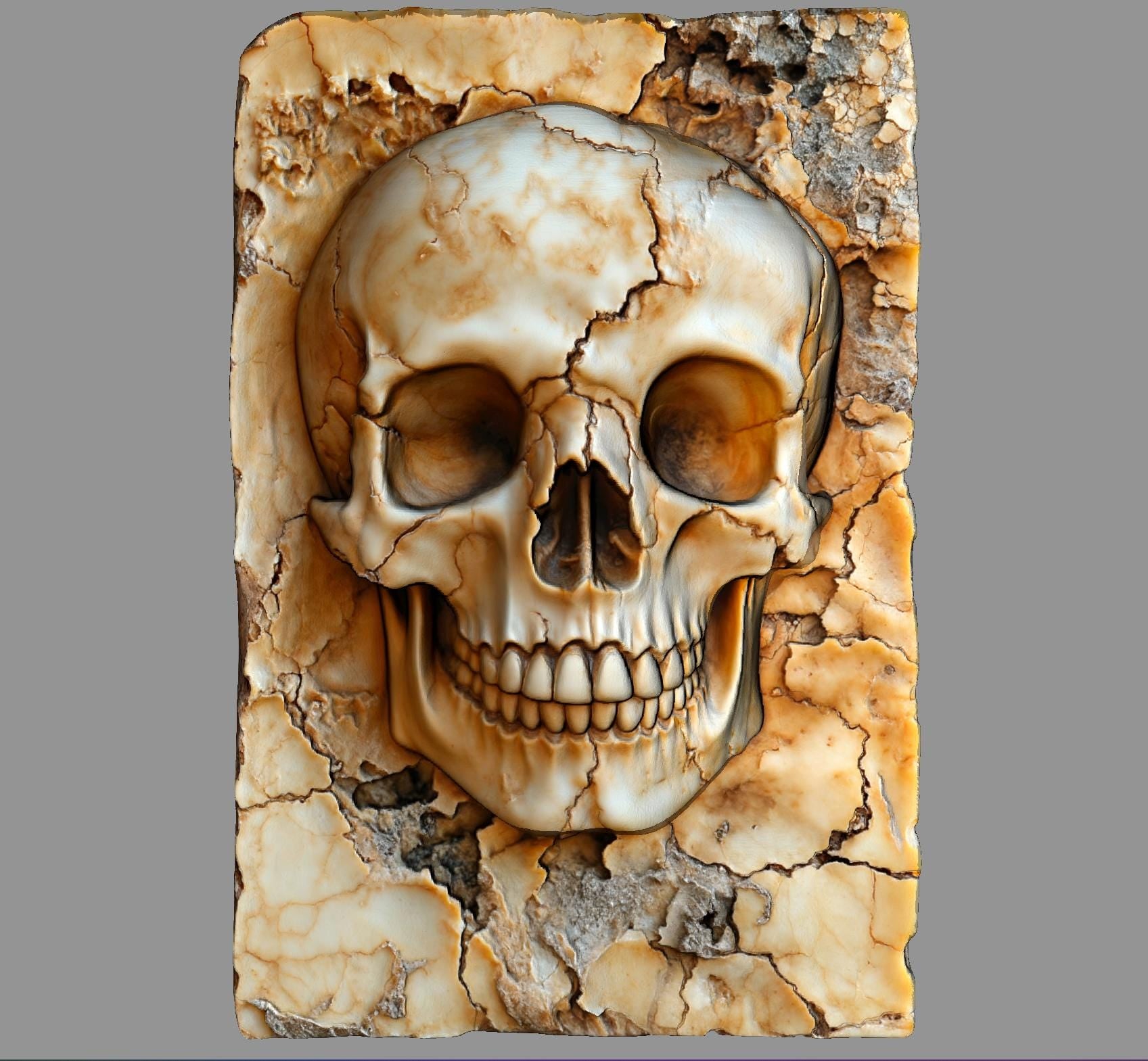 A highly detailed 3D bas-relief carving of a human skull sculpted into a cracked stone or wood-textured slab. Ideal for CNC carving, laser engraving, or 3D printing. The model captures intricate anatomical details, surface cracks, and natural wear, giving it a gothic, macabre aesthetic. Perfect for gothic decor, tattoo studio walls, Halloween props, or dark art collections. Shown in both raw wood and aged ivory textures for realistic previews.
