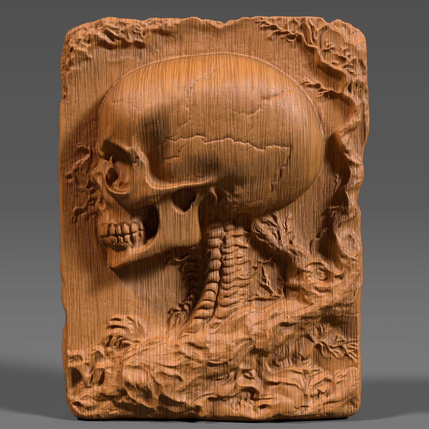 A highly detailed 3D bas-relief carving of a human skull sculpted into a cracked stone or wood-textured slab. Ideal for CNC carving, laser engraving, or 3D printing. The model captures intricate anatomical details, surface cracks, and natural wear, giving it a gothic, macabre aesthetic. Perfect for gothic decor, tattoo studio walls, Halloween props, or dark art collections. Shown in both raw wood and aged ivory textures for realistic previews.