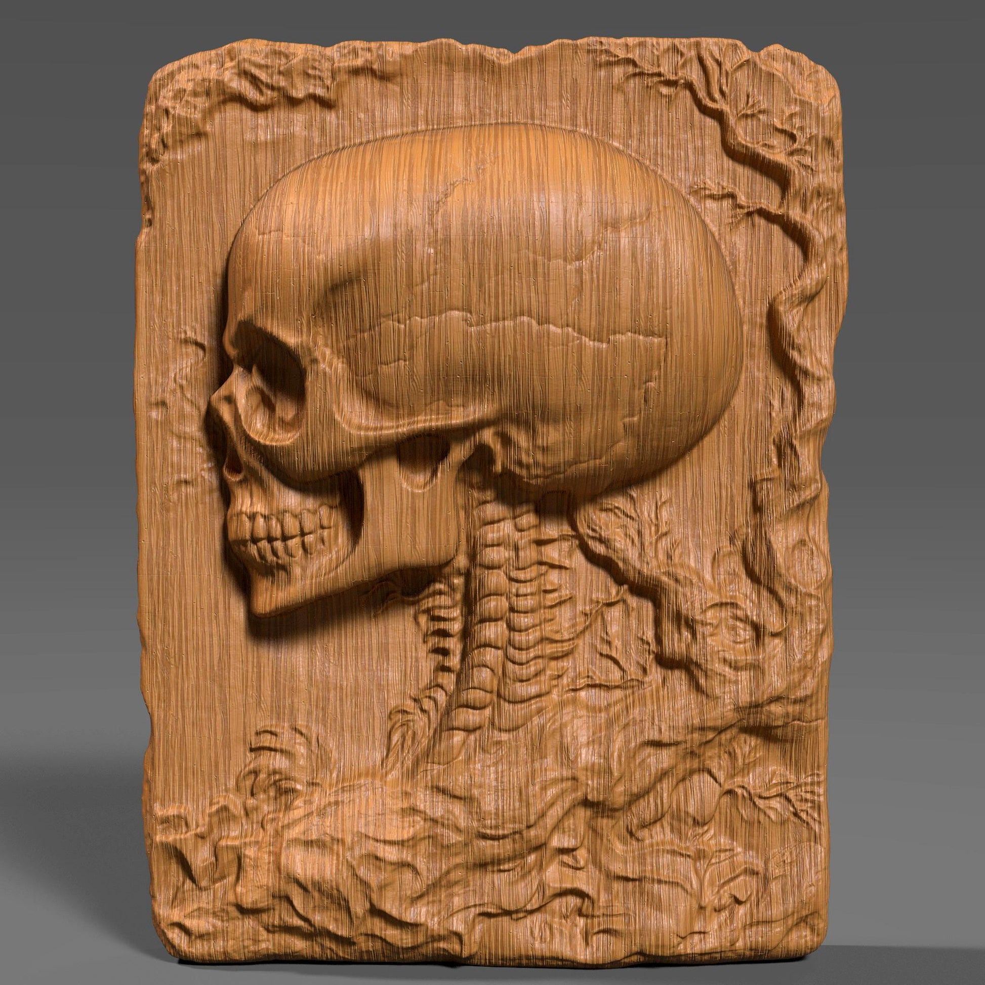 A highly detailed 3D bas-relief carving of a human skull sculpted into a cracked stone or wood-textured slab. Ideal for CNC carving, laser engraving, or 3D printing. The model captures intricate anatomical details, surface cracks, and natural wear, giving it a gothic, macabre aesthetic. Perfect for gothic decor, tattoo studio walls, Halloween props, or dark art collections. Shown in both raw wood and aged ivory textures for realistic previews.