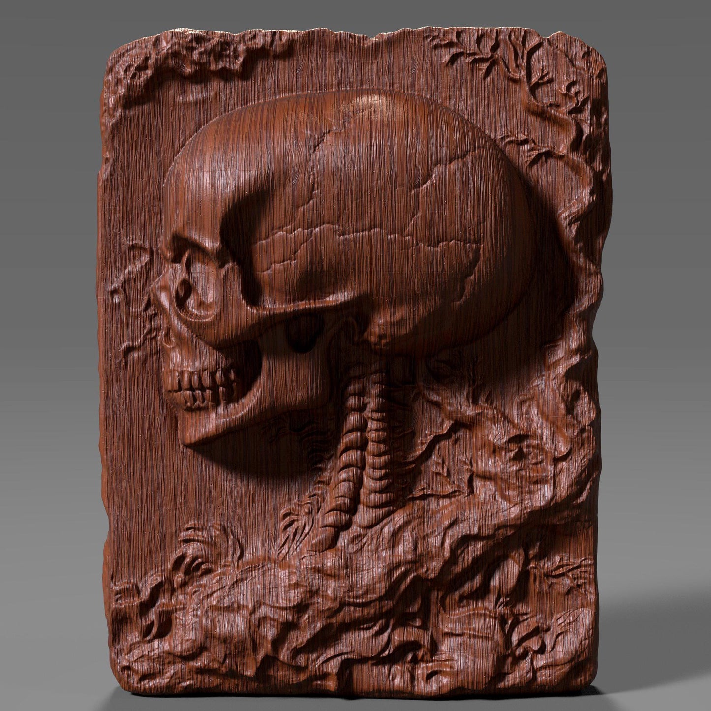 A highly detailed 3D bas-relief carving of a human skull sculpted into a cracked stone or wood-textured slab. Ideal for CNC carving, laser engraving, or 3D printing. The model captures intricate anatomical details, surface cracks, and natural wear, giving it a gothic, macabre aesthetic. Perfect for gothic decor, tattoo studio walls, Halloween props, or dark art collections. Shown in both raw wood and aged ivory textures for realistic previews.