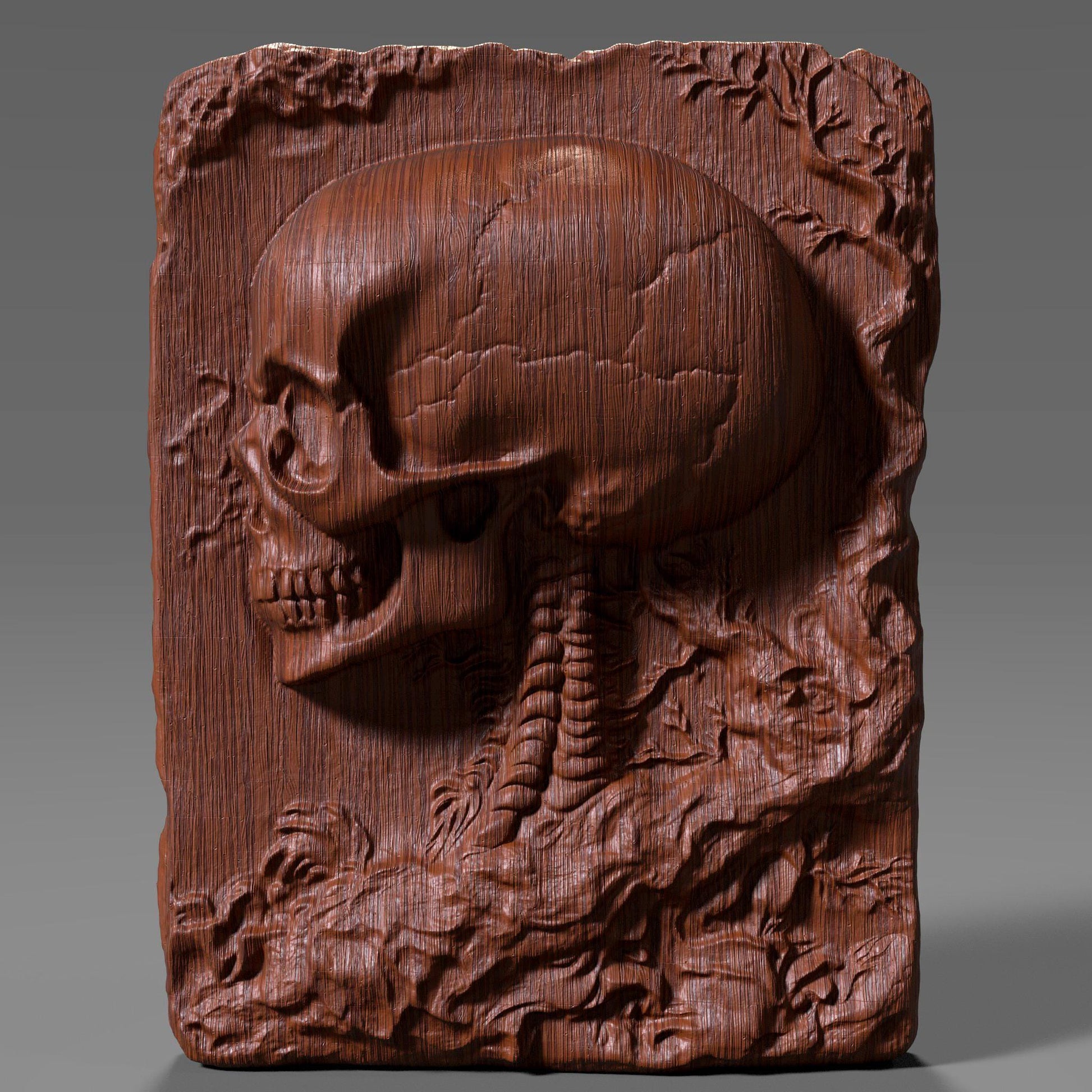 A highly detailed 3D bas-relief carving of a human skull sculpted into a cracked stone or wood-textured slab. Ideal for CNC carving, laser engraving, or 3D printing. The model captures intricate anatomical details, surface cracks, and natural wear, giving it a gothic, macabre aesthetic. Perfect for gothic decor, tattoo studio walls, Halloween props, or dark art collections. Shown in both raw wood and aged ivory textures for realistic previews.