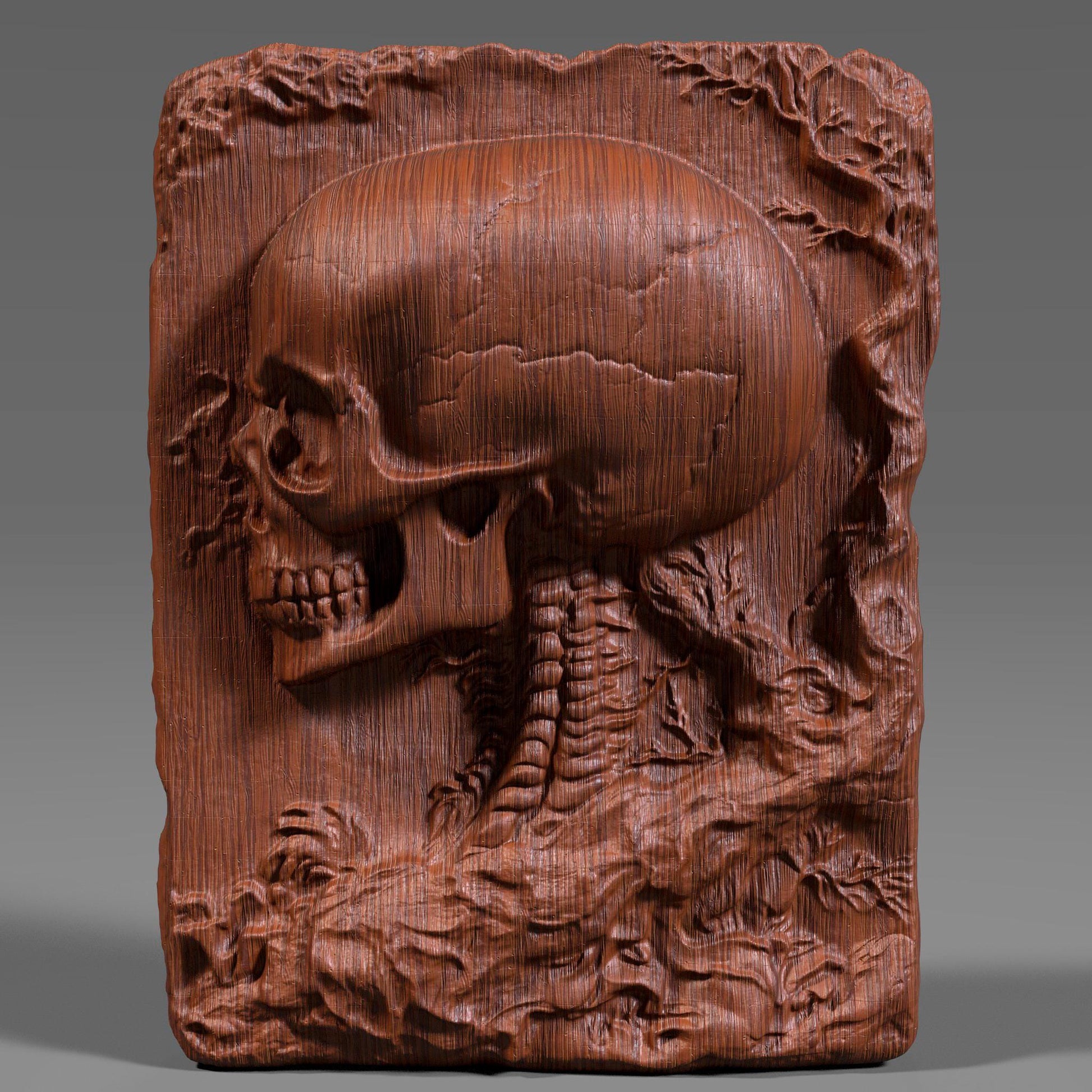 A highly detailed 3D bas-relief carving of a human skull sculpted into a cracked stone or wood-textured slab. Ideal for CNC carving, laser engraving, or 3D printing. The model captures intricate anatomical details, surface cracks, and natural wear, giving it a gothic, macabre aesthetic. Perfect for gothic decor, tattoo studio walls, Halloween props, or dark art collections. Shown in both raw wood and aged ivory textures for realistic previews.