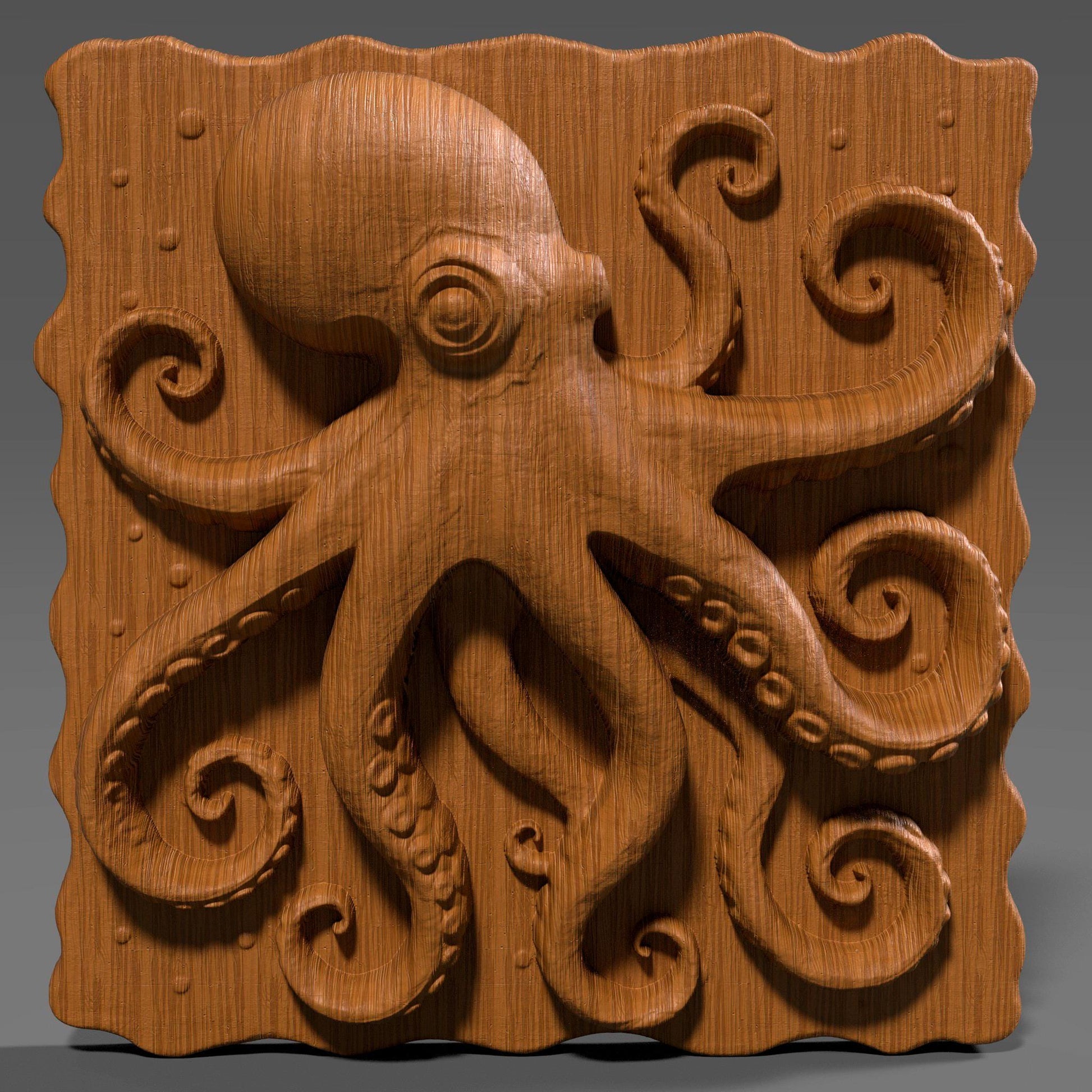 High-detail 3D STL model of an octopus in bas relief, featuring curled tentacles and a textured underwater design. Ideal for 3D printing, CNC wood carving, or laser engraving. Perfect for marine-themed wall art, nautical gifts, or ocean-inspired decor. This digital file is suitable for use with wood, acrylic, resin, and other engravable materials. Download and craft ocean life into your next project.