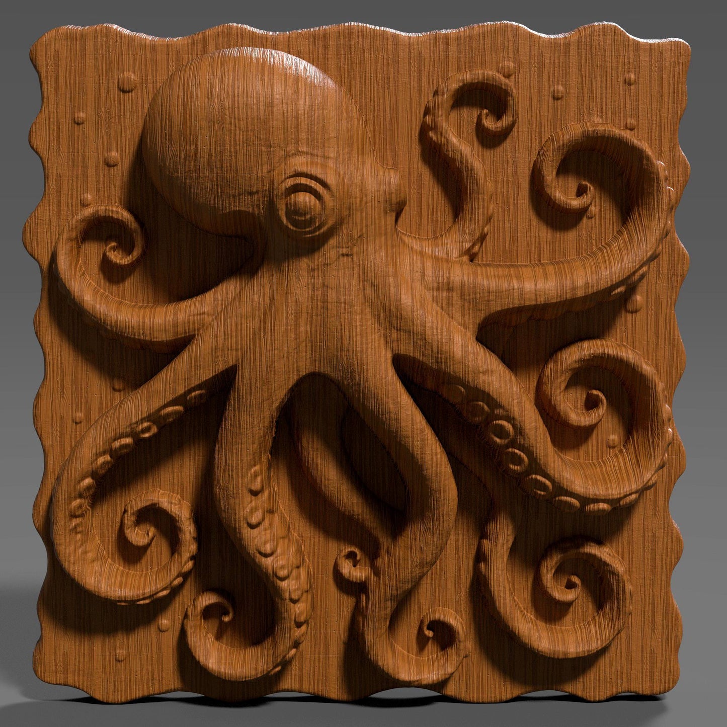 High-detail 3D STL model of an octopus in bas relief, featuring curled tentacles and a textured underwater design. Ideal for 3D printing, CNC wood carving, or laser engraving. Perfect for marine-themed wall art, nautical gifts, or ocean-inspired decor. This digital file is suitable for use with wood, acrylic, resin, and other engravable materials. Download and craft ocean life into your next project.