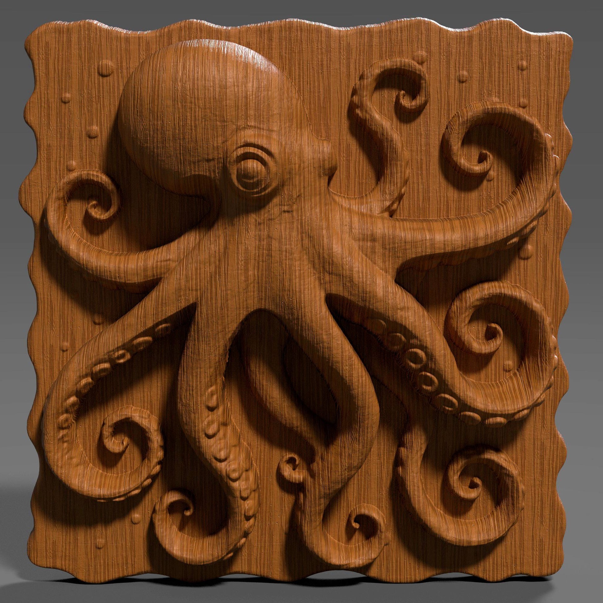 High-detail 3D STL model of an octopus in bas relief, featuring curled tentacles and a textured underwater design. Ideal for 3D printing, CNC wood carving, or laser engraving. Perfect for marine-themed wall art, nautical gifts, or ocean-inspired decor. This digital file is suitable for use with wood, acrylic, resin, and other engravable materials. Download and craft ocean life into your next project.
