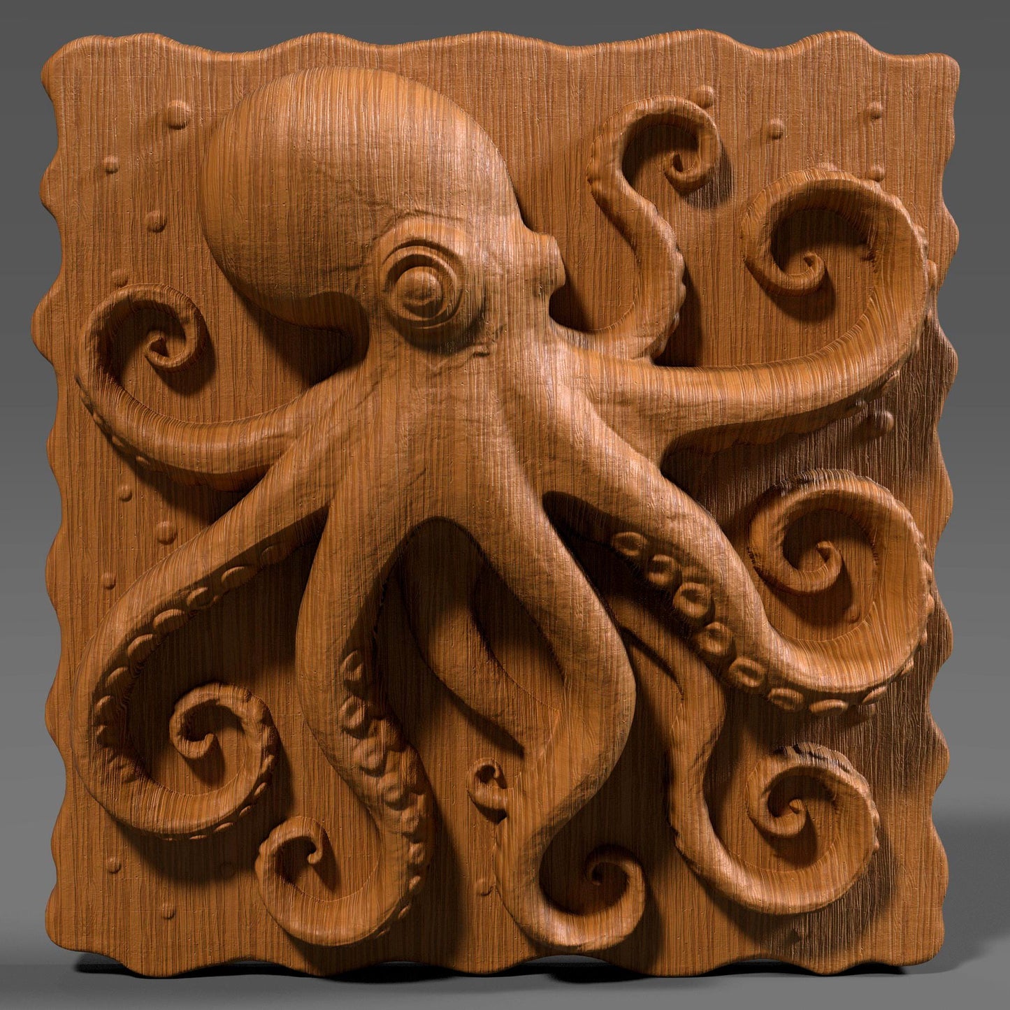 High-detail 3D STL model of an octopus in bas relief, featuring curled tentacles and a textured underwater design. Ideal for 3D printing, CNC wood carving, or laser engraving. Perfect for marine-themed wall art, nautical gifts, or ocean-inspired decor. This digital file is suitable for use with wood, acrylic, resin, and other engravable materials. Download and craft ocean life into your next project.