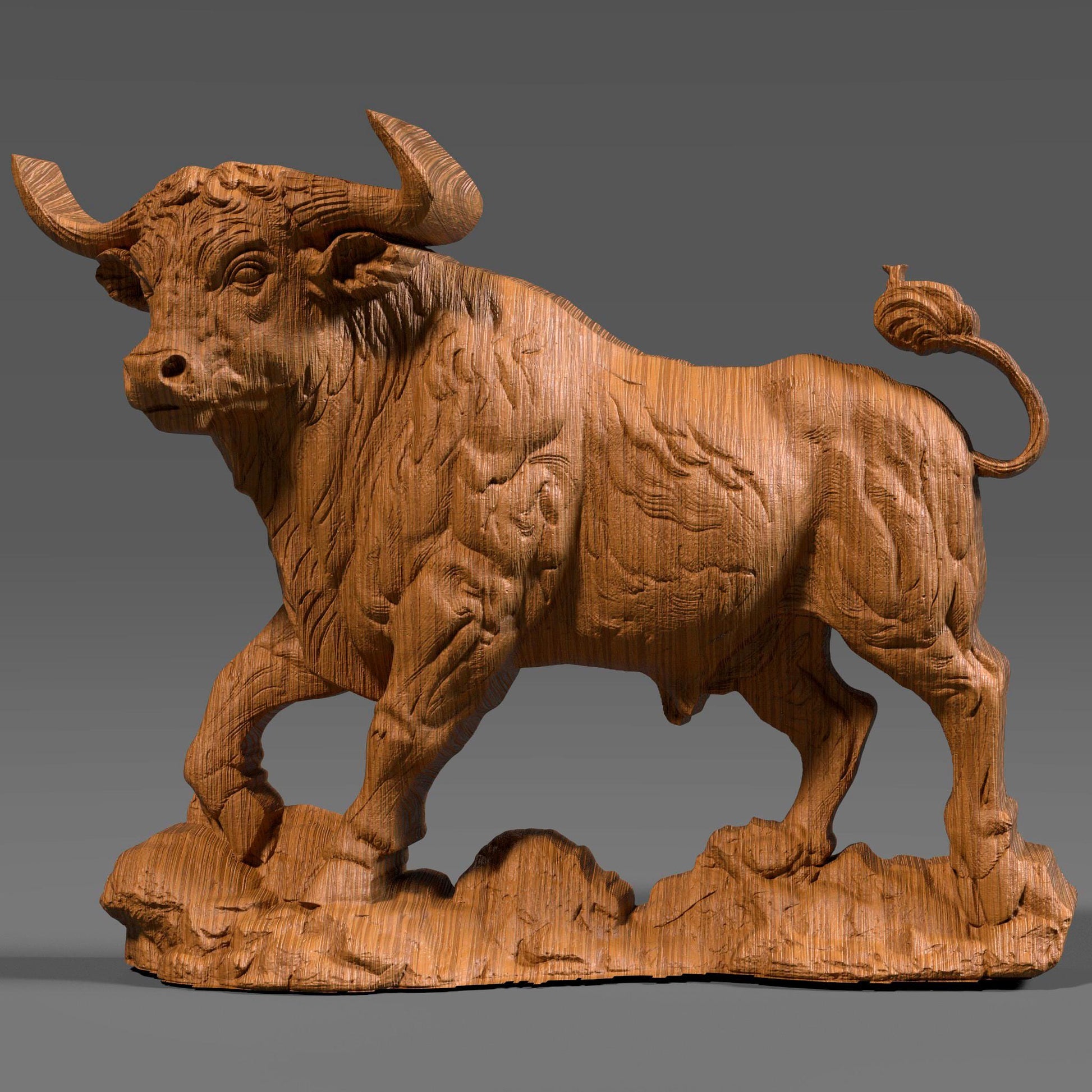 Highly detailed 3D STL bas relief of a powerful Taurus bull in a dynamic charging pose, designed for CNC carving, 3D printing, and laser engraving. The muscular form, textured surface, and strong stance make it ideal for Zodiac-themed wall decor, astrology gifts, or strength-inspired sculptures. Suitable for digital download and use with wood, resin, stone, or acrylic materials.