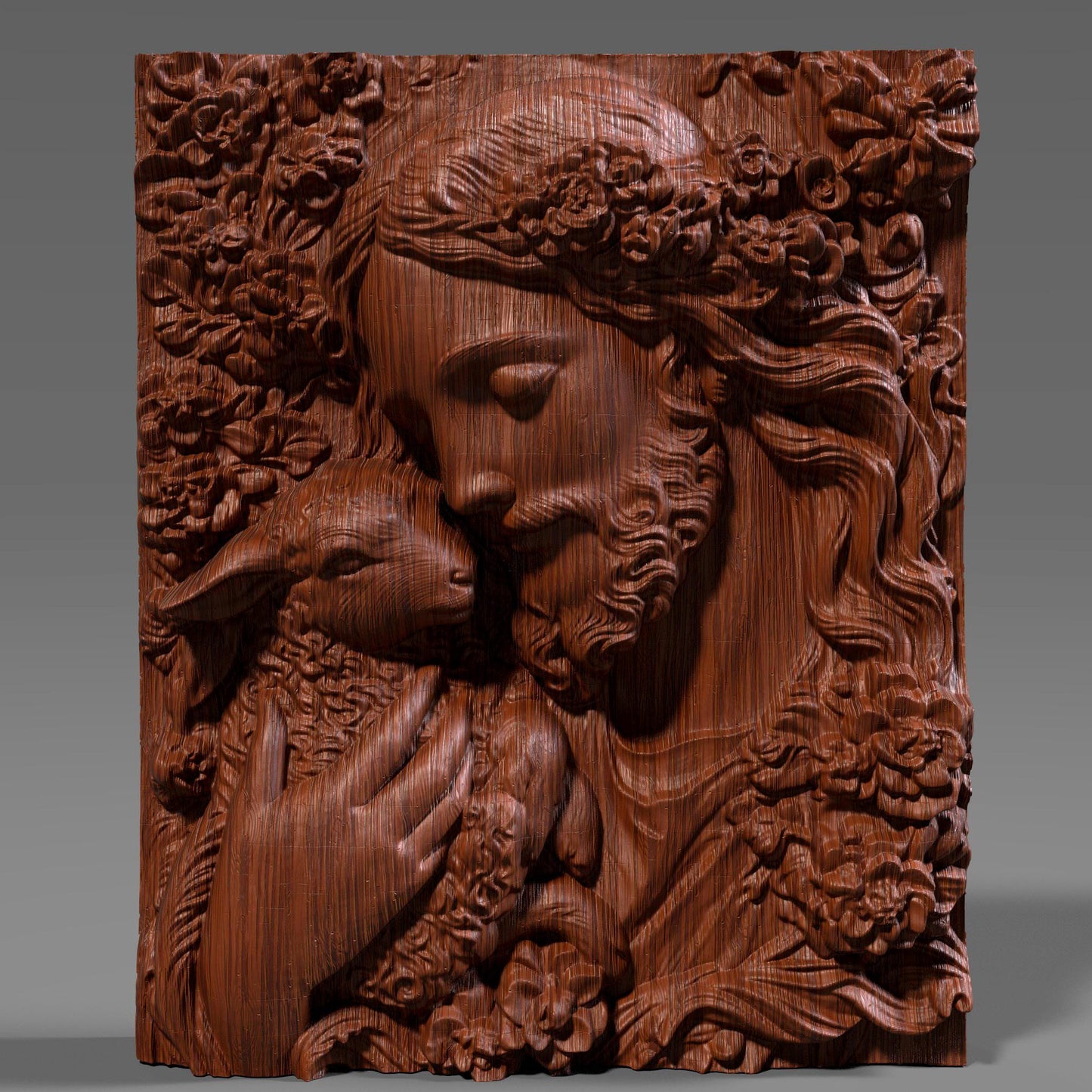 3D bas-relief carving of Jesus gently holding a lamb, surrounded by floral patterns. Ideal for CNC carving, 3D printing, or laser engraving. The artwork expresses compassion and faith, featuring intricate details in hair, wool, and flowers—suitable for wood, resin, or marble finishes. A spiritual and elegant design perfect for religious decor.