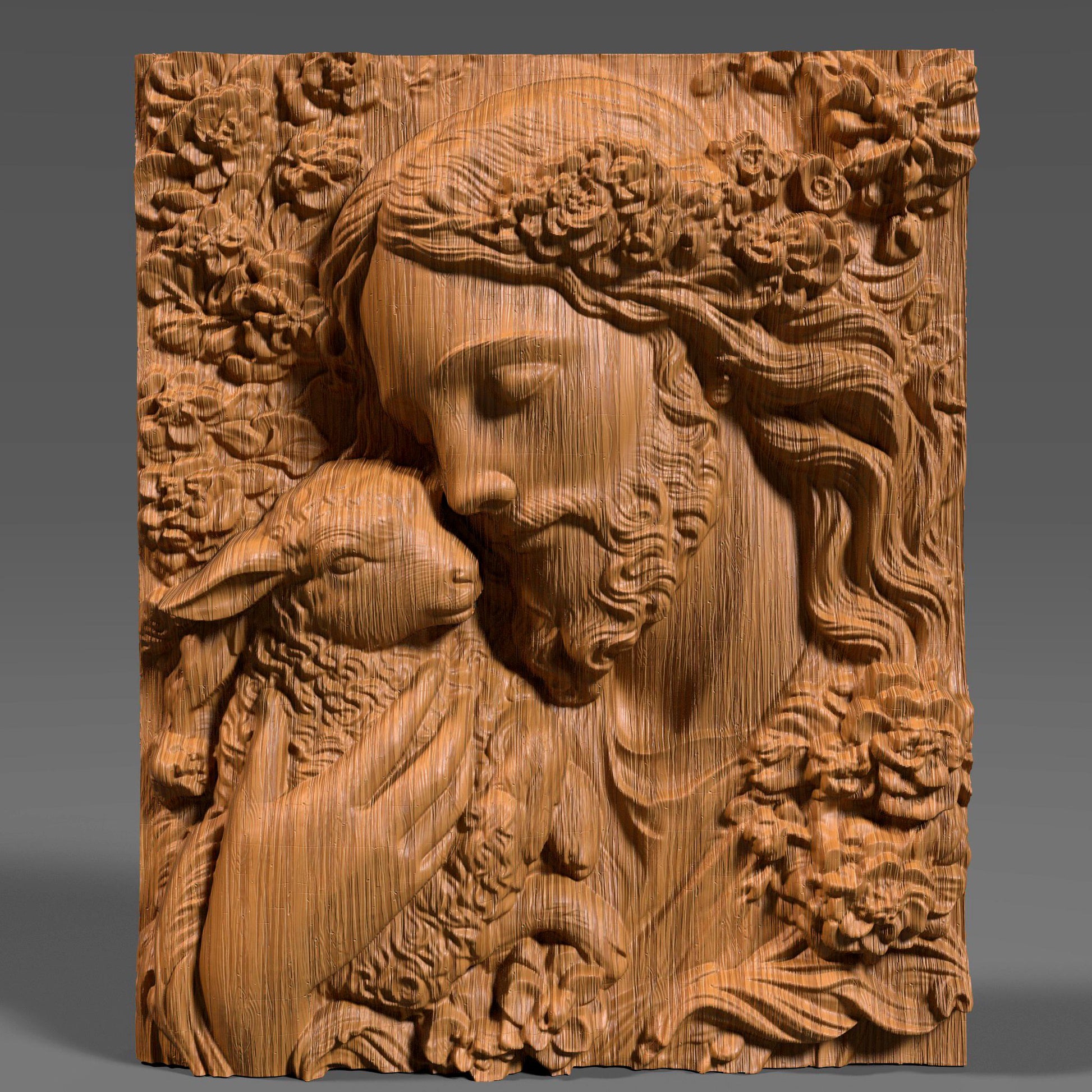 3D bas-relief carving of Jesus gently holding a lamb, surrounded by floral patterns. Ideal for CNC carving, 3D printing, or laser engraving. The artwork expresses compassion and faith, featuring intricate details in hair, wool, and flowers—suitable for wood, resin, or marble finishes. A spiritual and elegant design perfect for religious decor.