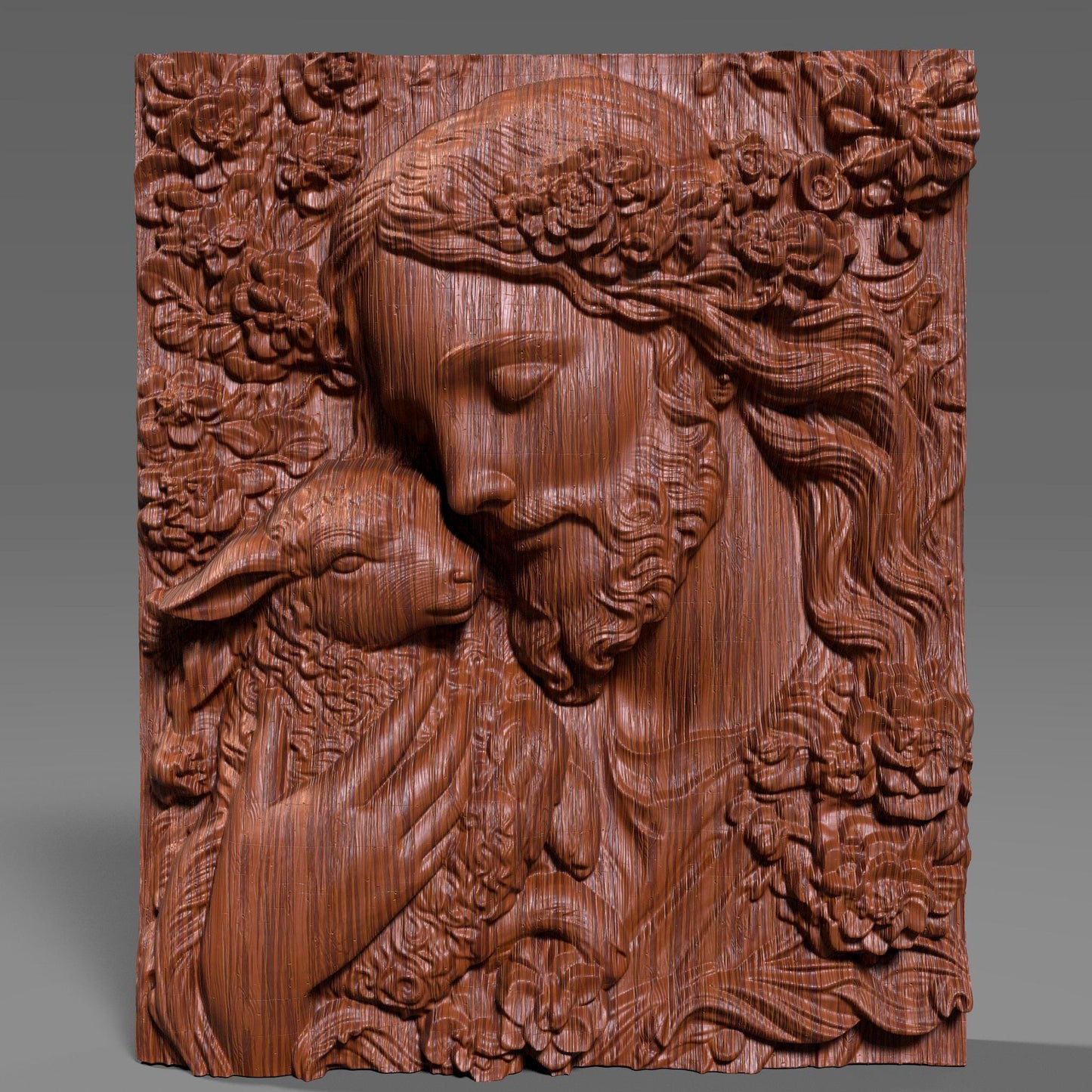 3D bas-relief carving of Jesus gently holding a lamb, surrounded by floral patterns. Ideal for CNC carving, 3D printing, or laser engraving. The artwork expresses compassion and faith, featuring intricate details in hair, wool, and flowers—suitable for wood, resin, or marble finishes. A spiritual and elegant design perfect for religious decor.