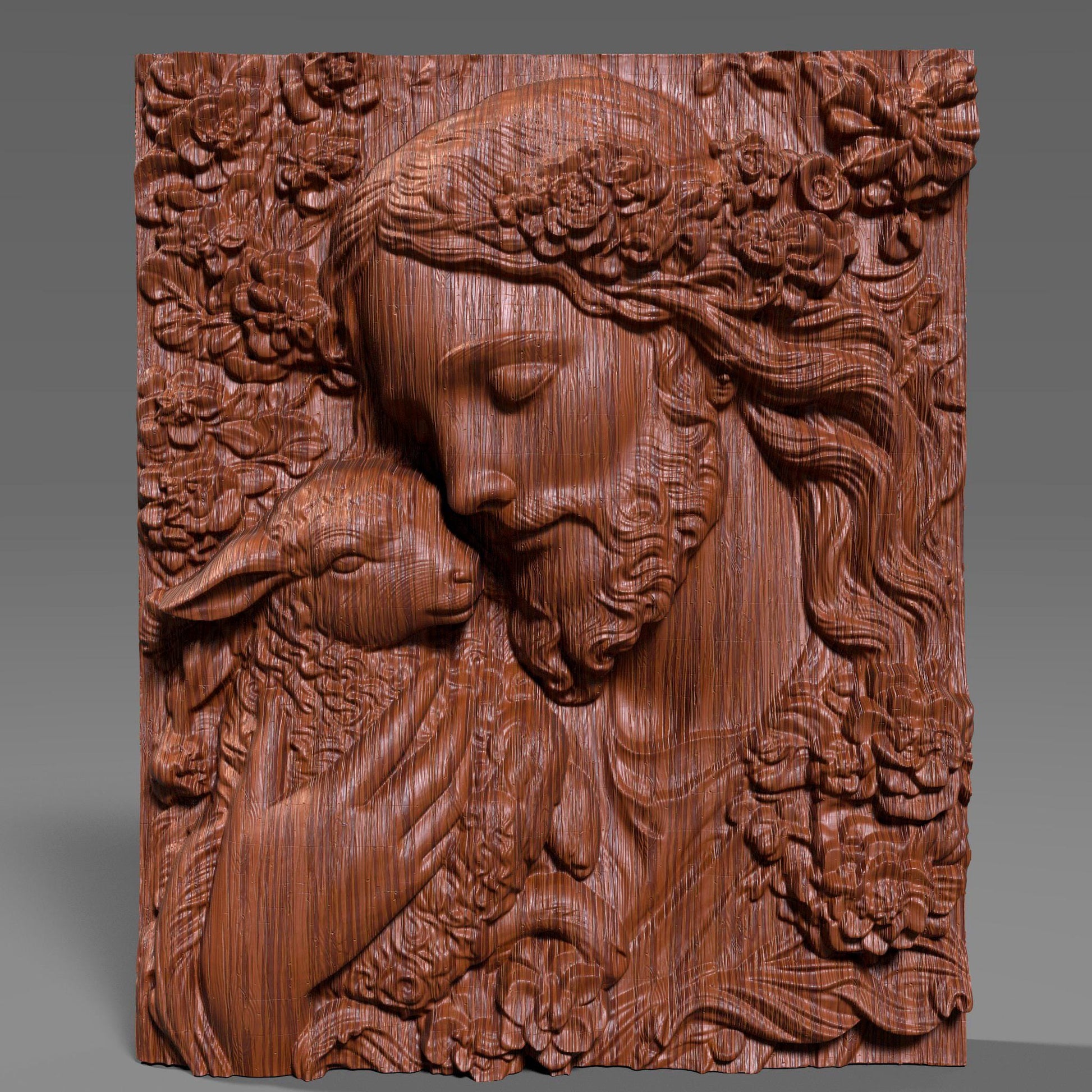 3D bas-relief carving of Jesus gently holding a lamb, surrounded by floral patterns. Ideal for CNC carving, 3D printing, or laser engraving. The artwork expresses compassion and faith, featuring intricate details in hair, wool, and flowers—suitable for wood, resin, or marble finishes. A spiritual and elegant design perfect for religious decor.