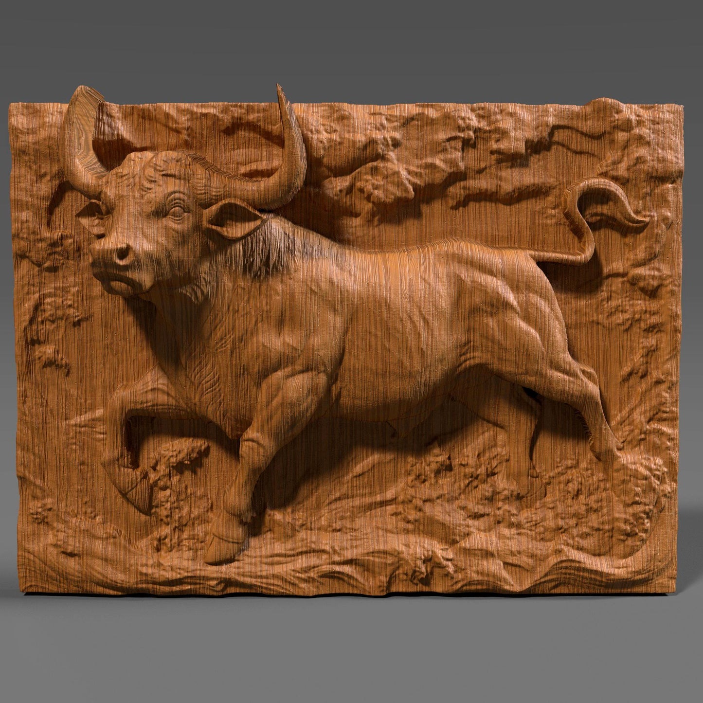 Highly detailed 3D STL bas relief of a powerful Taurus bull in a dynamic charging pose, designed for CNC carving, 3D printing, and laser engraving. The muscular form, textured surface, and strong stance make it ideal for Zodiac-themed wall decor, astrology gifts, or strength-inspired sculptures. Suitable for digital download and use with wood, resin, stone, or acrylic materials.