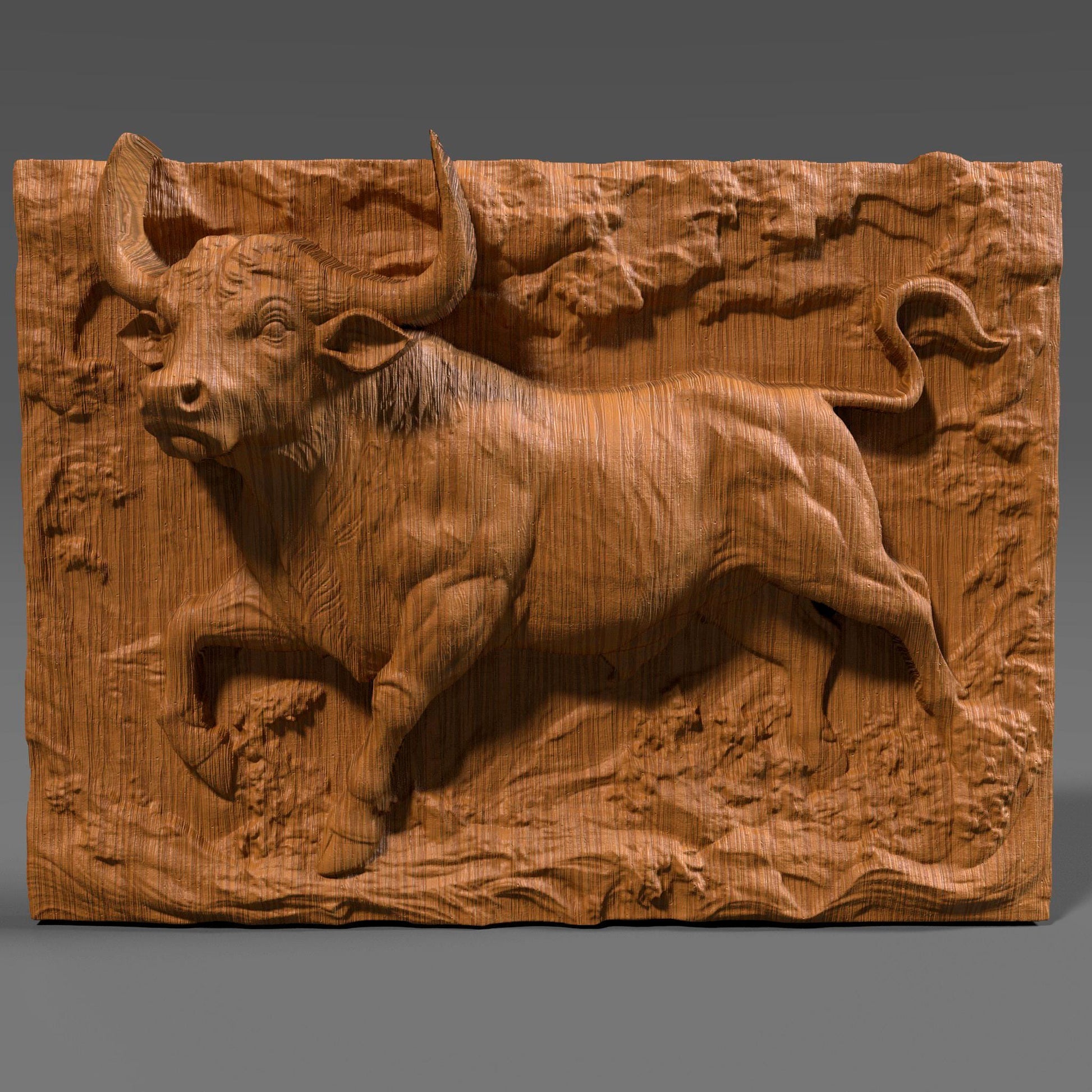 Highly detailed 3D STL bas relief of a powerful Taurus bull in a dynamic charging pose, designed for CNC carving, 3D printing, and laser engraving. The muscular form, textured surface, and strong stance make it ideal for Zodiac-themed wall decor, astrology gifts, or strength-inspired sculptures. Suitable for digital download and use with wood, resin, stone, or acrylic materials.