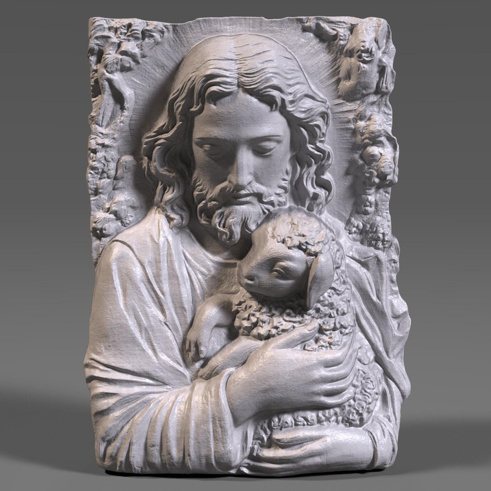3D bas-relief carving of Jesus gently holding a lamb, surrounded by floral patterns. Ideal for CNC carving, 3D printing, or laser engraving. The artwork expresses compassion and faith, featuring intricate details in hair, wool, and flowers—suitable for wood, resin, or marble finishes. A spiritual and elegant design perfect for religious decor.